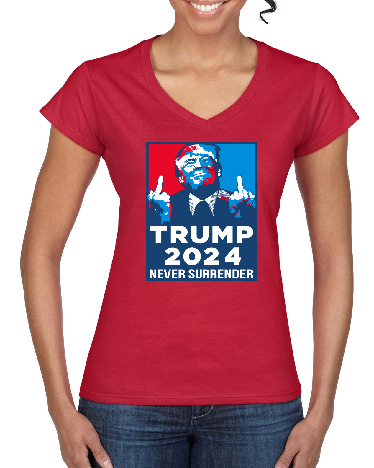 Trump 2024 Never Surrender MAGA Women’s Standard V-Neck Tee - Picture 6 of 6