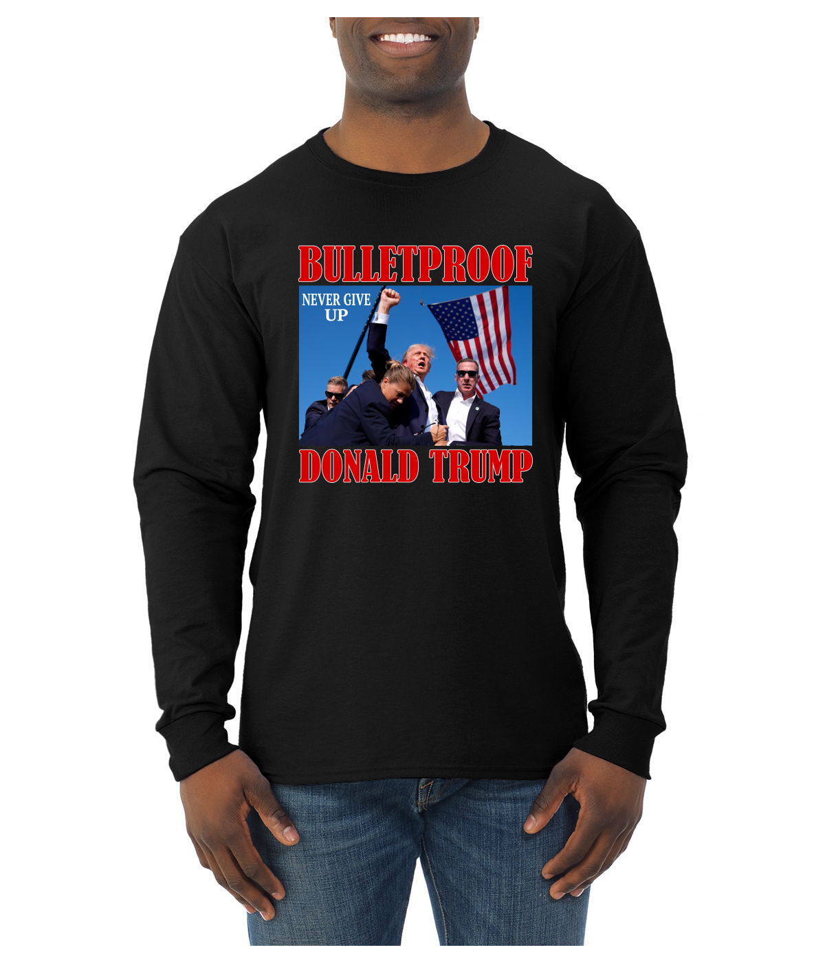 Camisa de manga larga a prueba de balas Never Give Up Donald Trump 2024 Election para hombre - Imagen 3 de 11