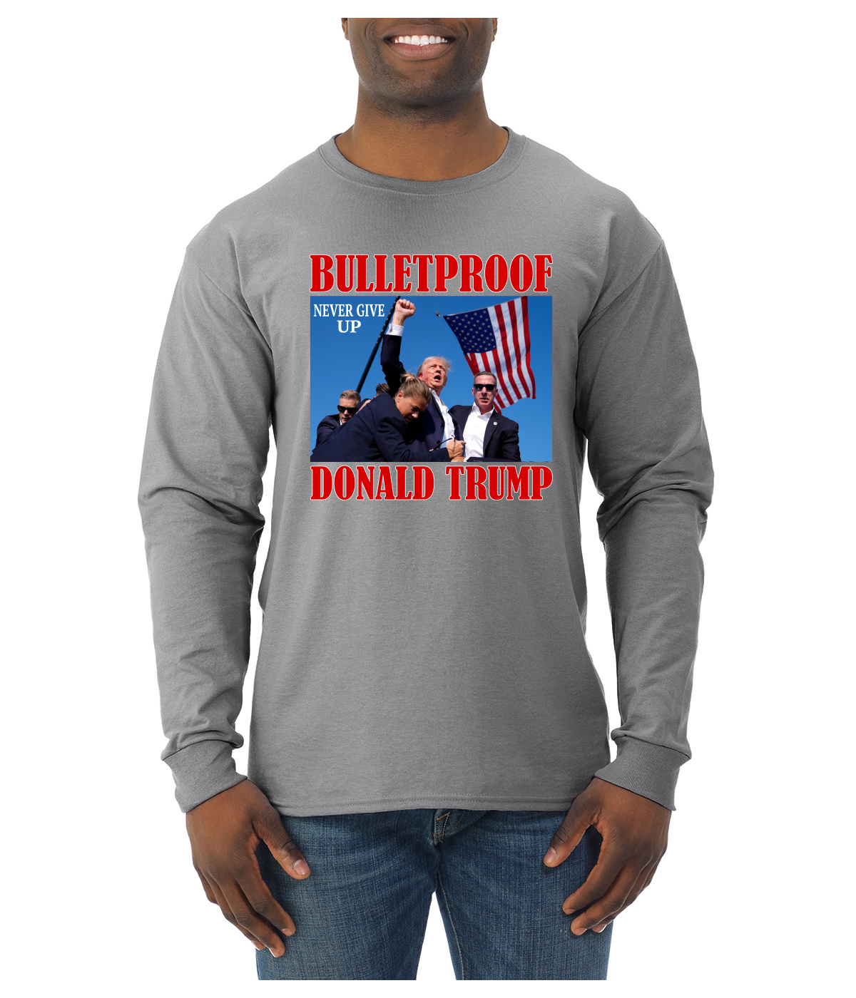 Camisa de manga larga a prueba de balas Never Give Up Donald Trump 2024 Election para hombre - Imagen 4 de 11