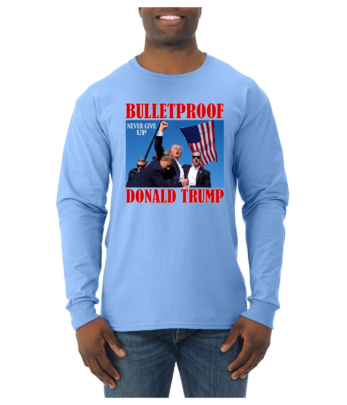 Camisa de manga larga a prueba de balas Never Give Up Donald Trump 2024 Election para hombre - Imagen 11 de 11