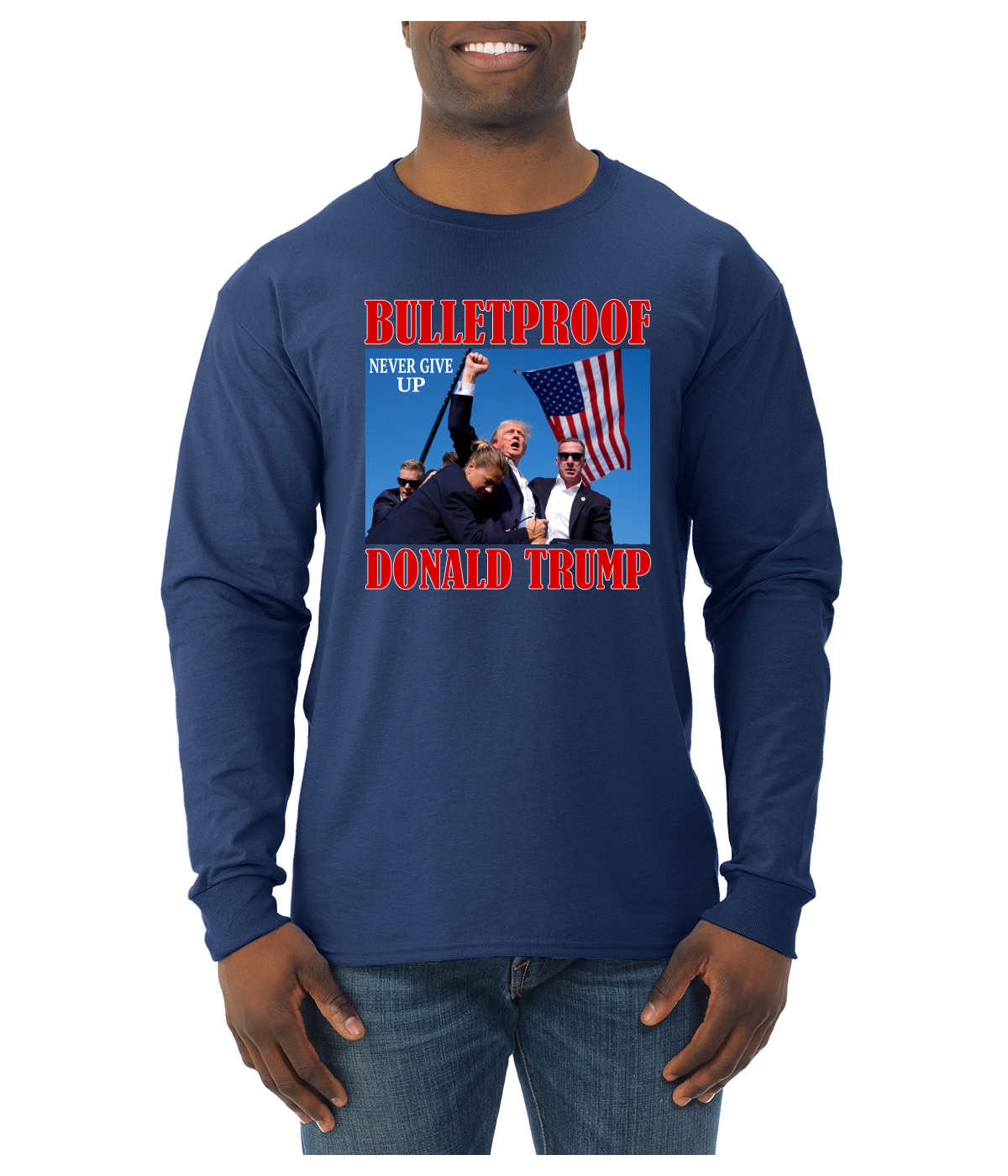 Camisa de manga larga a prueba de balas Never Give Up Donald Trump 2024 Election para hombre - Imagen 6 de 11