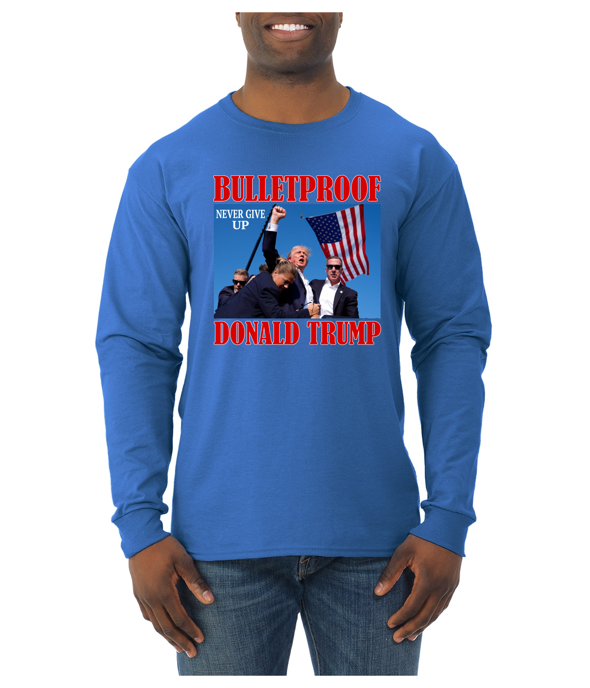 Camisa de manga larga a prueba de balas Never Give Up Donald Trump 2024 Election para hombre - Imagen 8 de 11