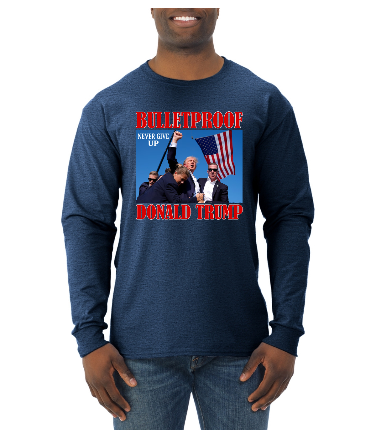 Camisa de manga larga a prueba de balas Never Give Up Donald Trump 2024 Election para hombre - Imagen 9 de 11
