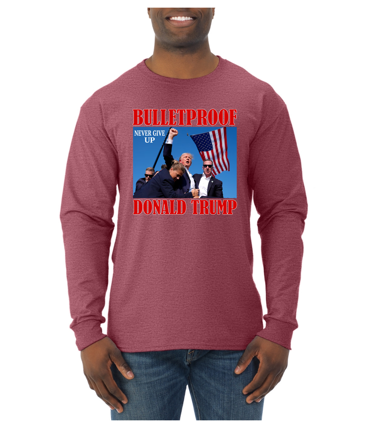 Camisa de manga larga a prueba de balas Never Give Up Donald Trump 2024 Election para hombre - Imagen 10 de 11
