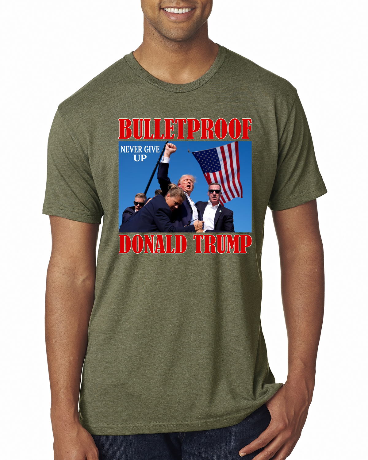 Camiseta premium para hombre Bulletproof Never Give Up Donald Trump 2024 Election - Imagen 8 de 8