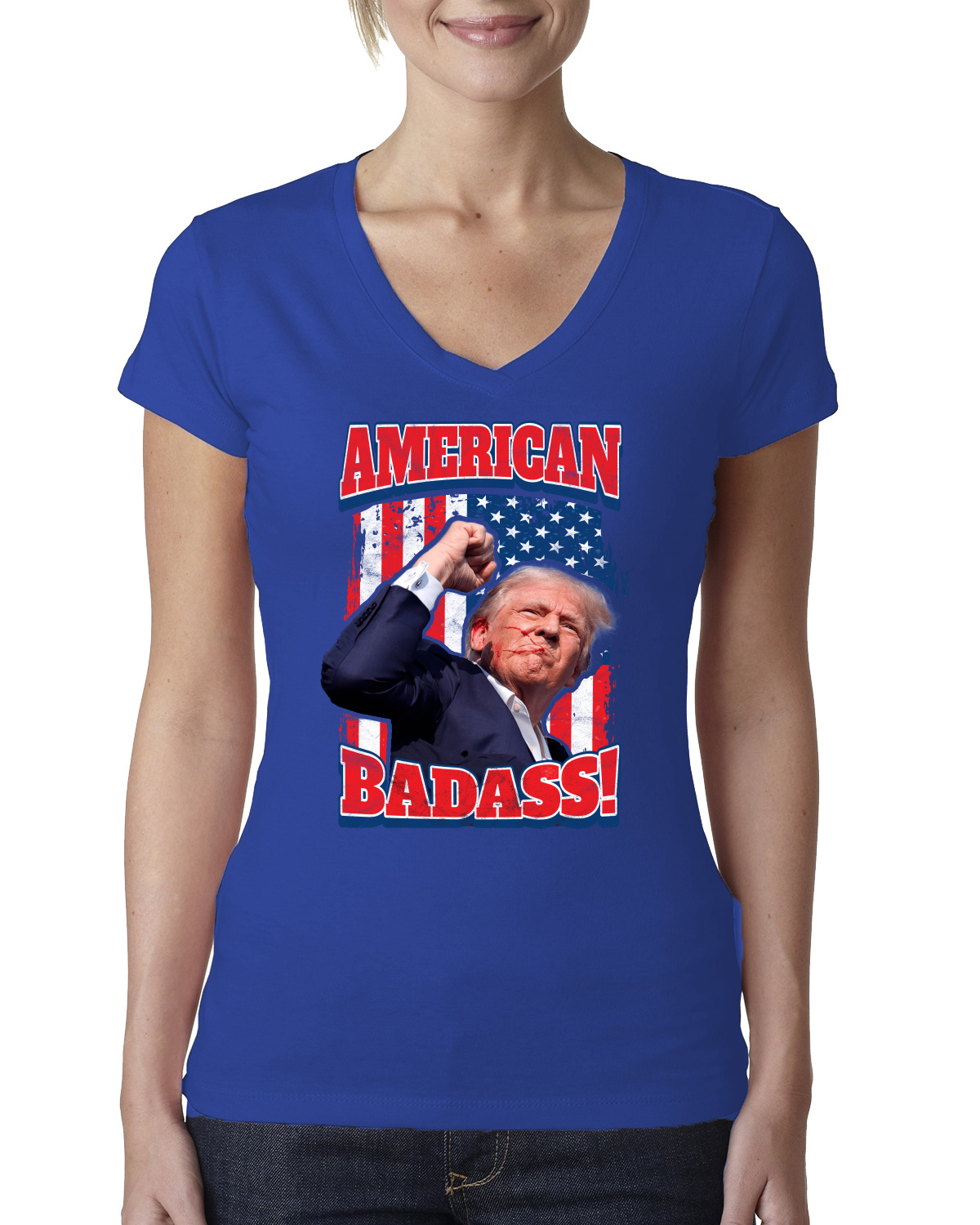 Trump Shot American Badass Rally 2024 Election Womens Junior Fit V-Neck Tee - Picture 7 of 7