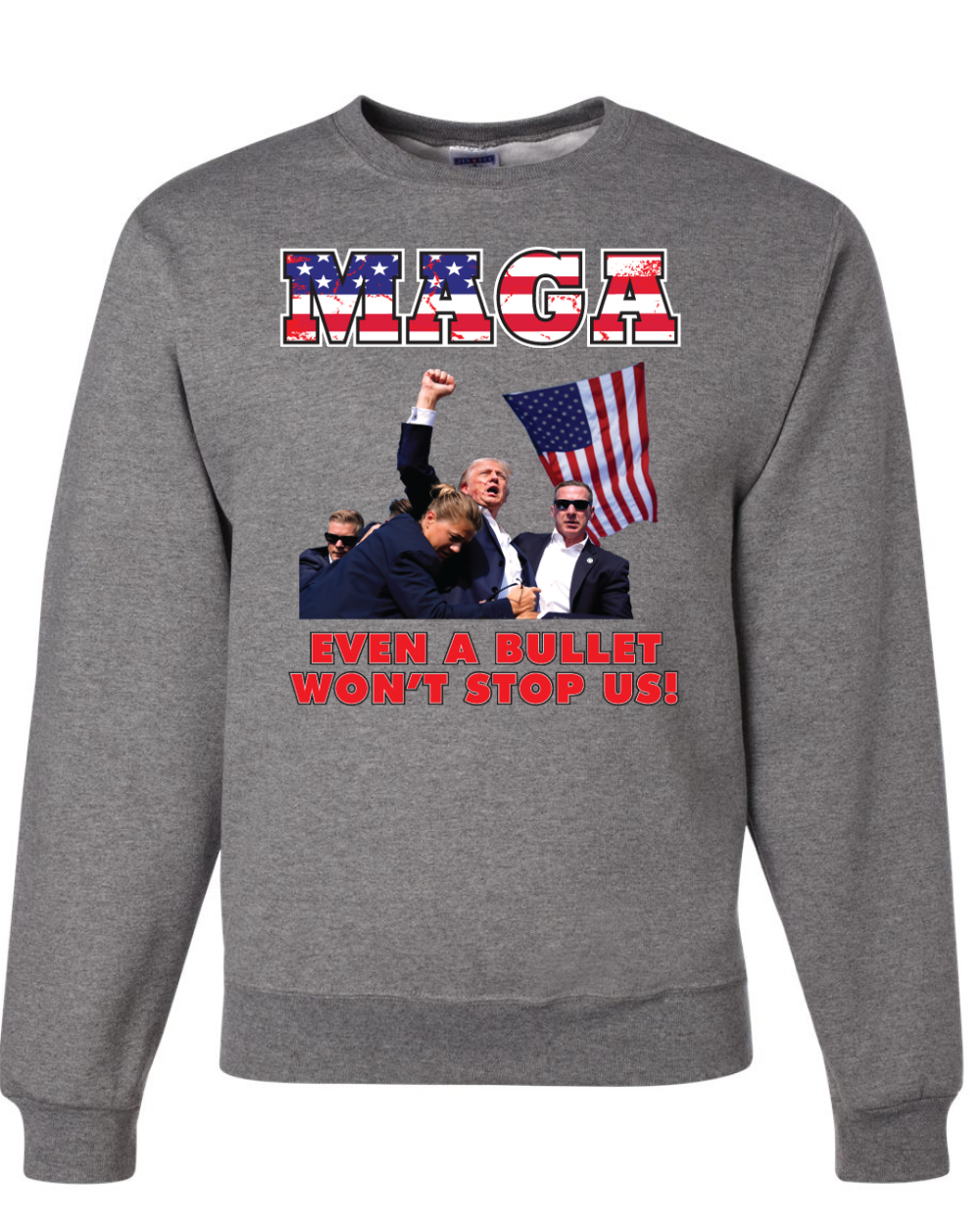 Sudadera MAGA Even a Bullet Won't Stop Us Trump 2024 MAGAt cuello redondo - Imagen 4 de 12