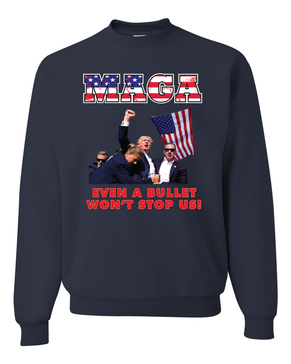 Sudadera MAGA Even a Bullet Won't Stop Us Trump 2024 MAGAt cuello redondo - Imagen 6 de 12