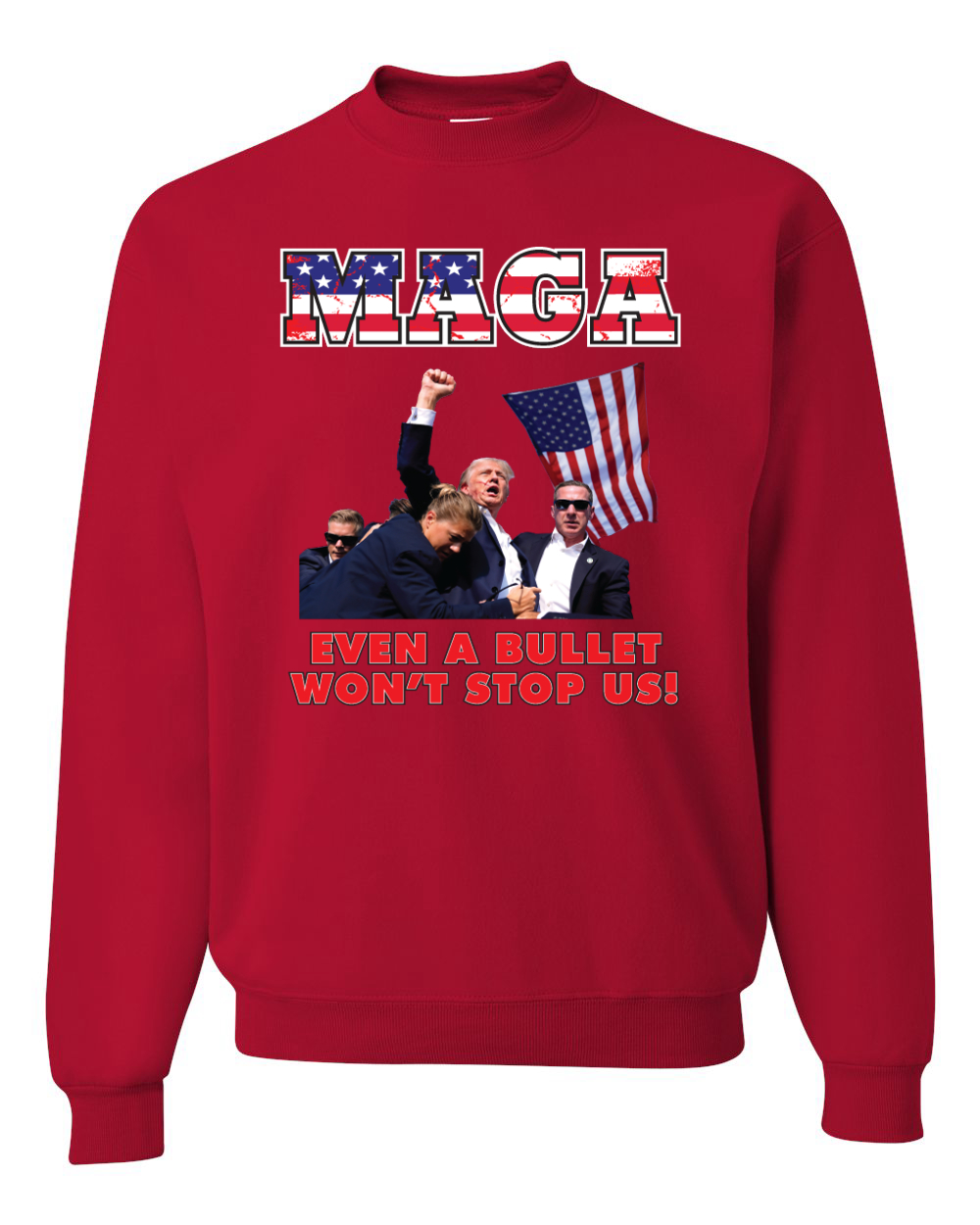 Sudadera MAGA Even a Bullet Won't Stop Us Trump 2024 MAGAt cuello redondo - Imagen 7 de 12
