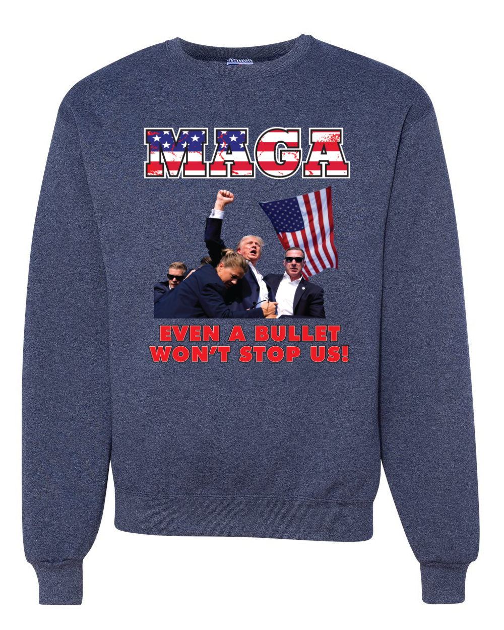 Sudadera MAGA Even a Bullet Won't Stop Us Trump 2024 MAGAt cuello redondo - Imagen 10 de 12