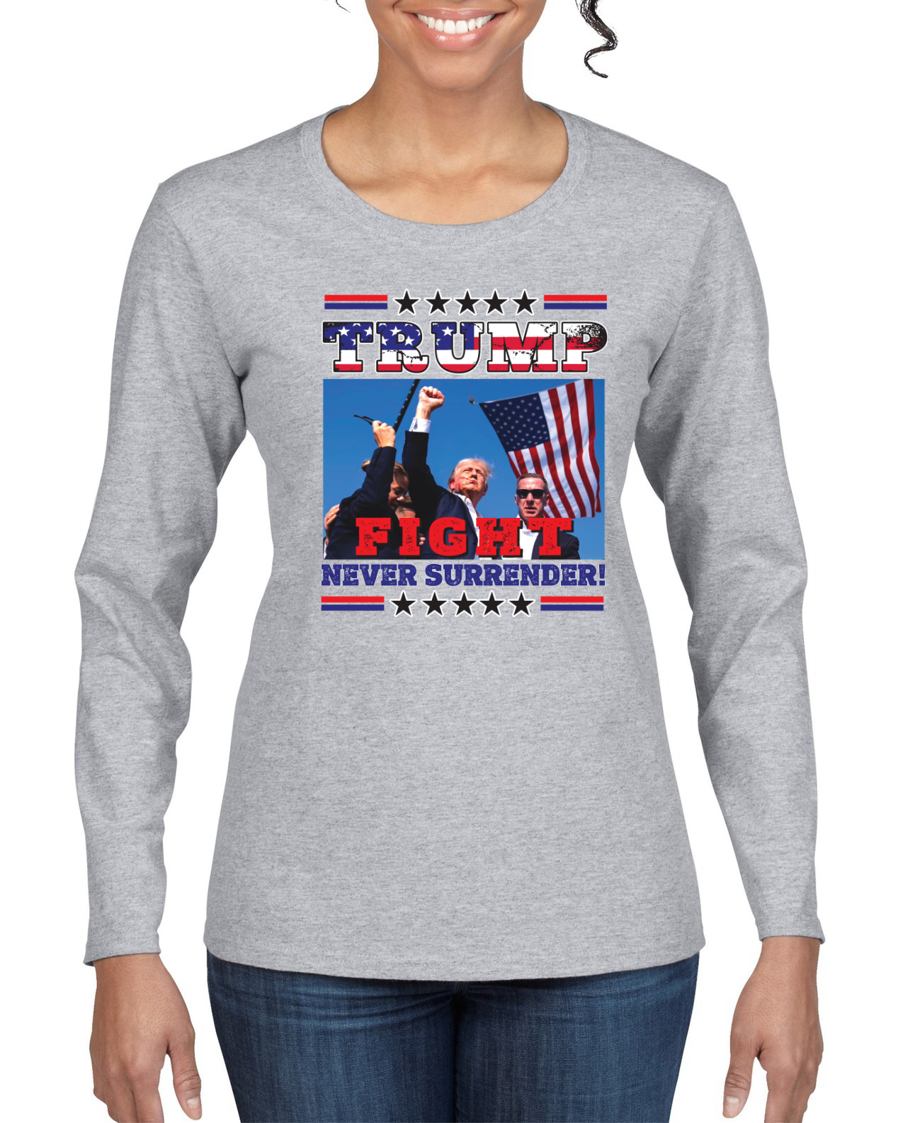 Never Surrender Trump 2024 MAGAt Rally Fist Pump Womens Long Sleeve - Picture 4 of 9
