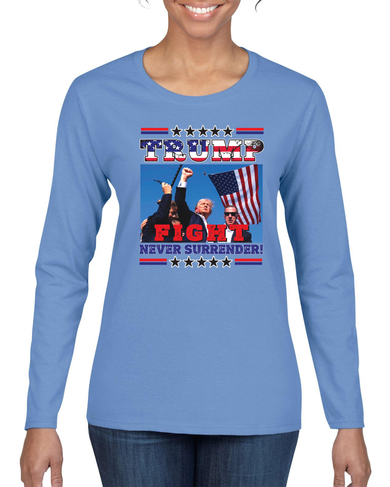 Never Surrender Trump 2024 MAGAt Rally Fist Pump Womens Long Sleeve - Picture 9 of 9