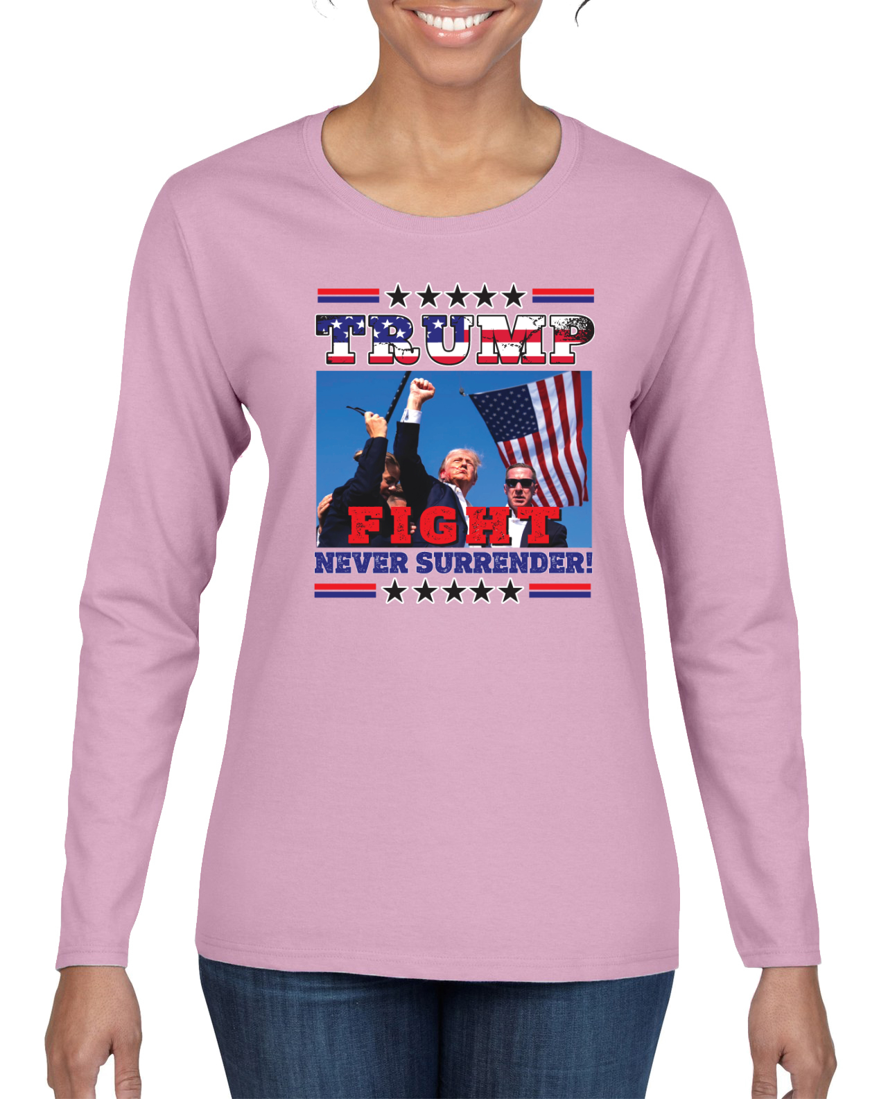 Never Surrender Trump 2024 MAGAt Rally Fist Pump Womens Long Sleeve - Picture 5 of 9
