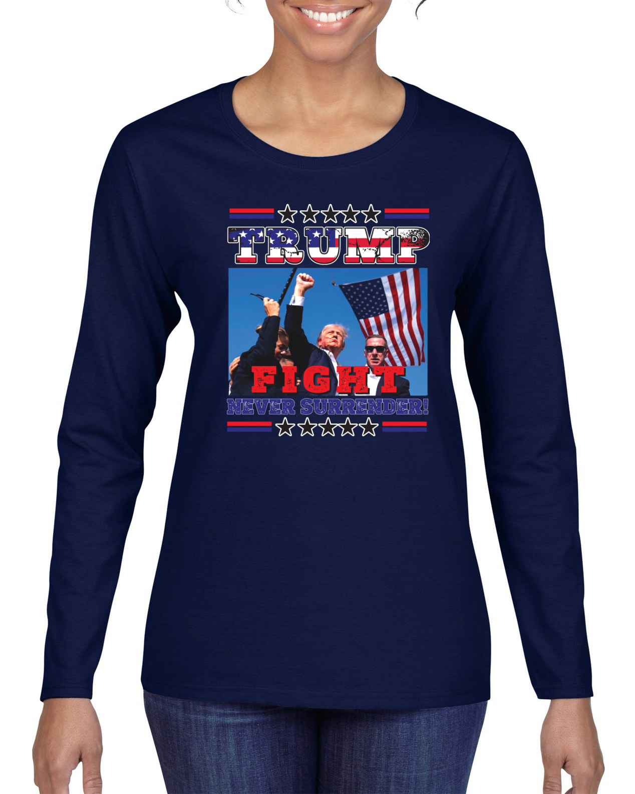 Never Surrender Trump 2024 MAGAt Rally Fist Pump Womens Long Sleeve - Picture 6 of 9