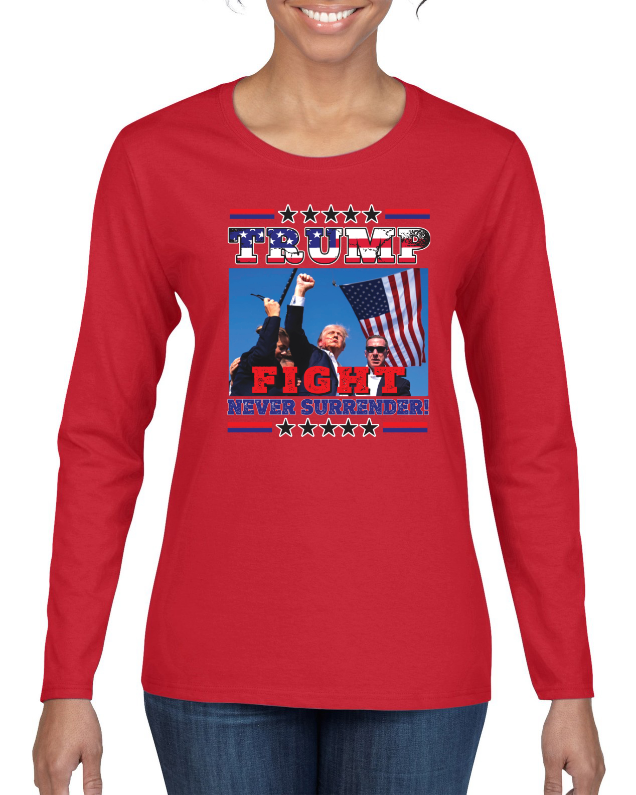 Never Surrender Trump 2024 MAGAt Rally Fist Pump Womens Long Sleeve - Picture 7 of 9