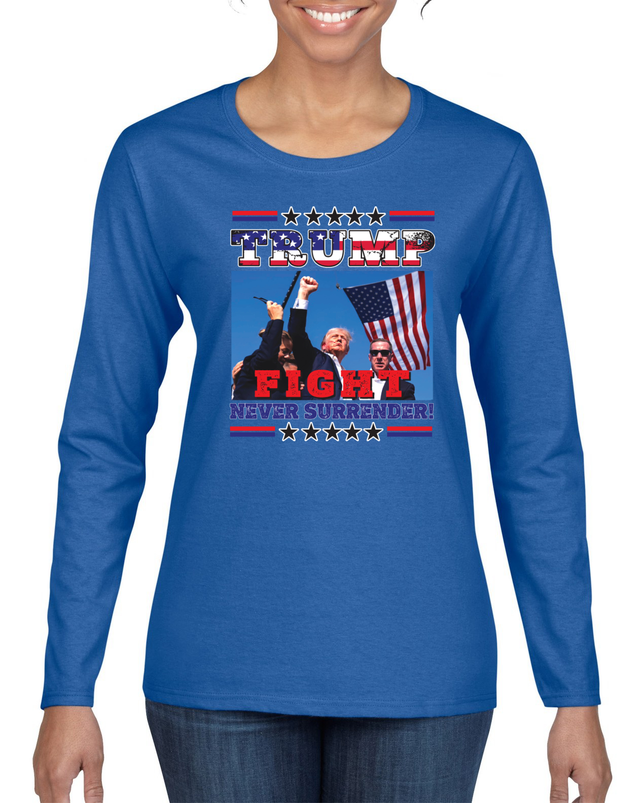 Never Surrender Trump 2024 MAGAt Rally Fist Pump Womens Long Sleeve - Picture 8 of 9