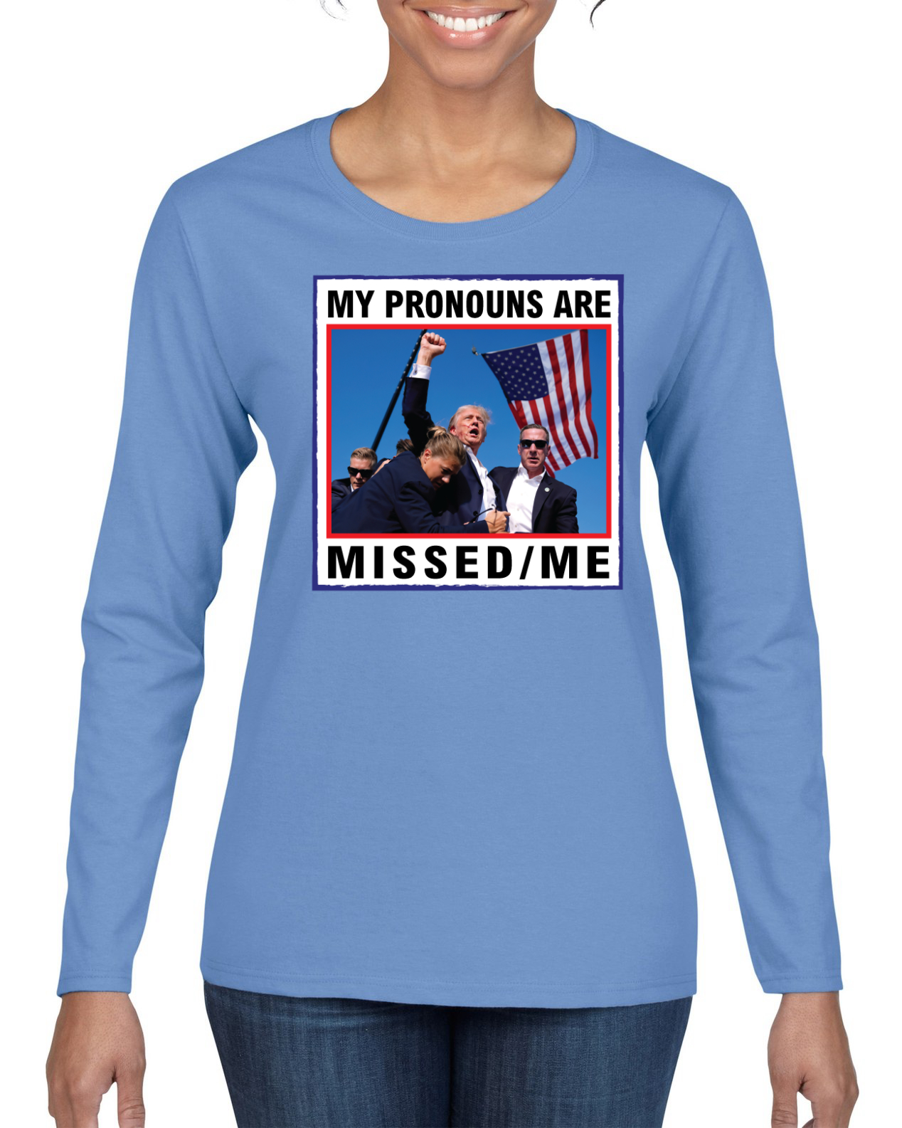 My Pronouns are Missed Me Funny MAGA Fist Pump Trump 2024 Womens Long Sleeve - Picture 9 of 9