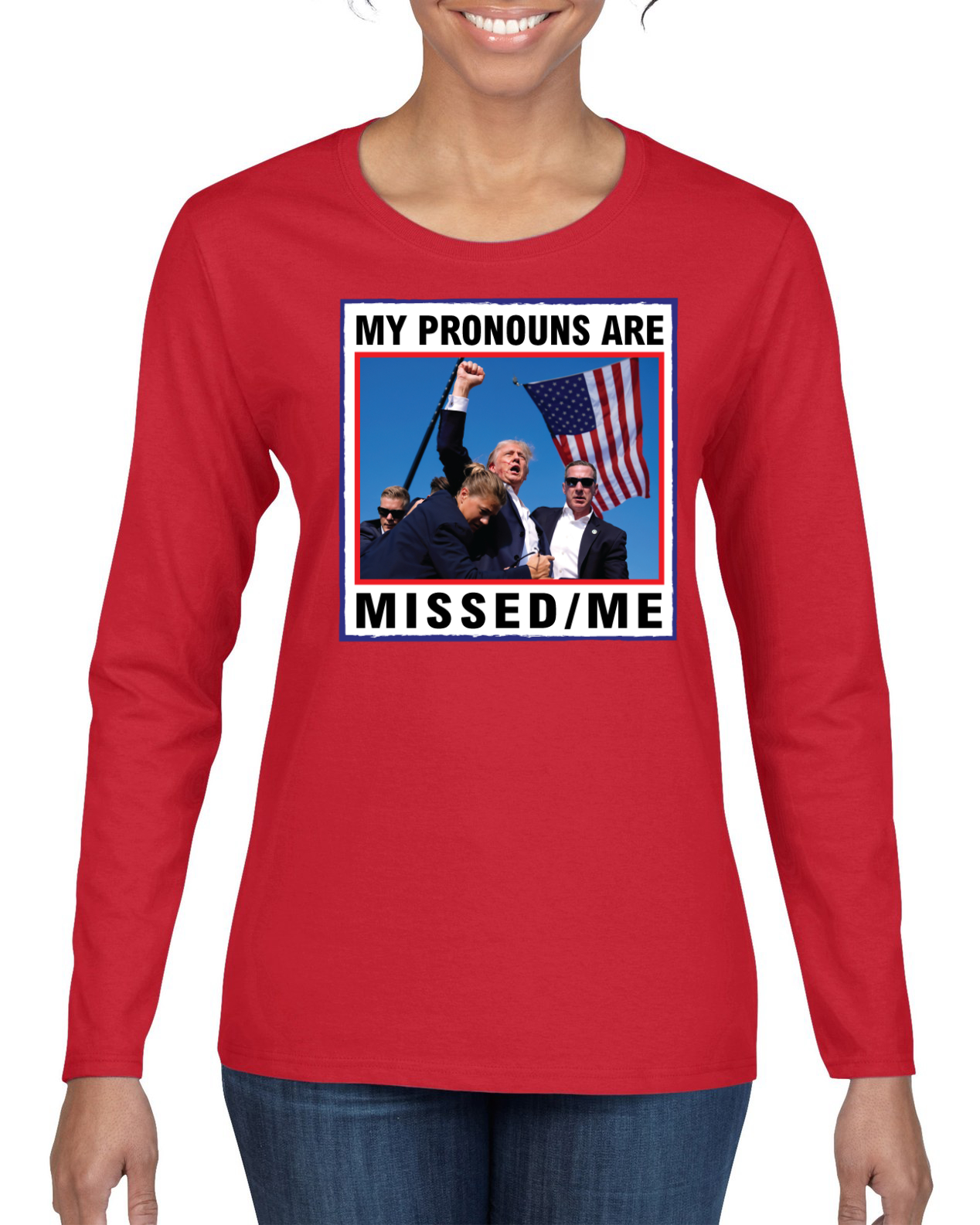 My Pronouns are Missed Me Funny MAGA Fist Pump Trump 2024 Womens Long Sleeve - Picture 7 of 9