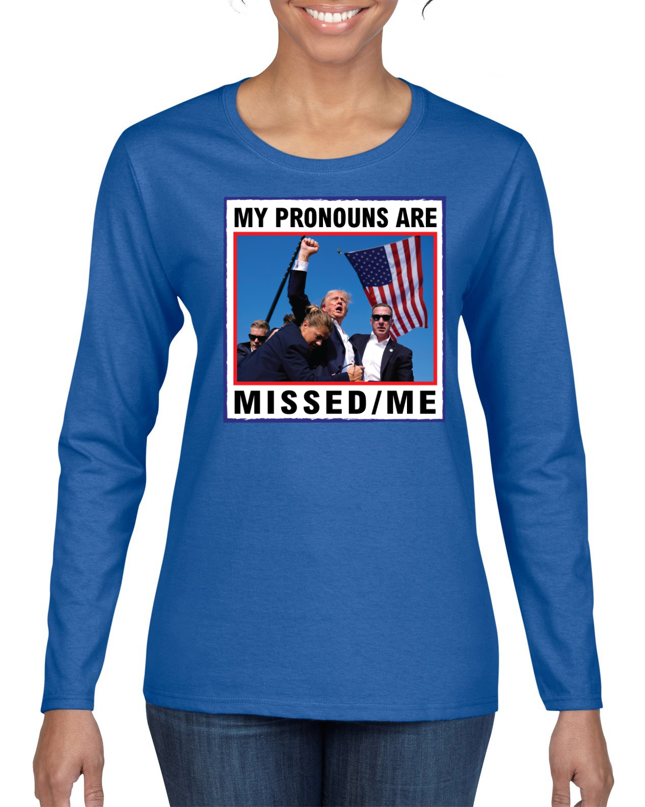 My Pronouns are Missed Me Funny MAGA Fist Pump Trump 2024 Womens Long Sleeve - Picture 8 of 9