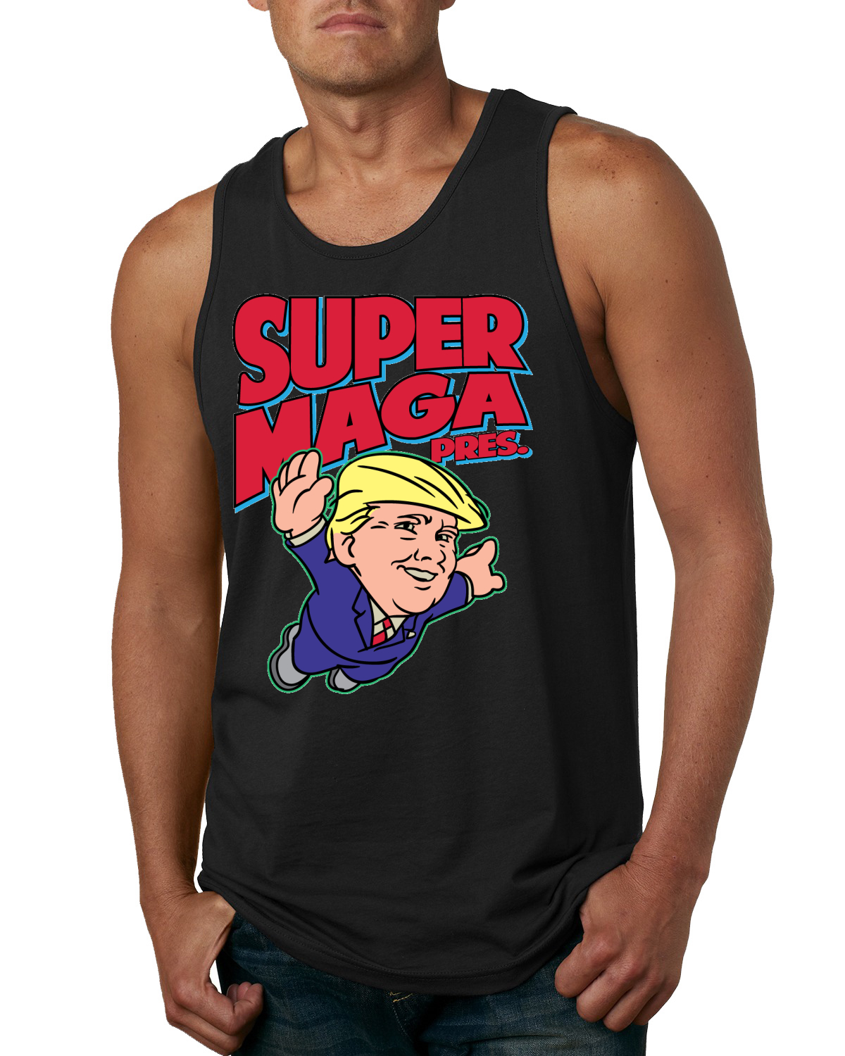 Camiseta sin mangas Super MAGA Pres divertida Donald Trump años 80 videojuego parodia para hombre - Imagen 3 de 7