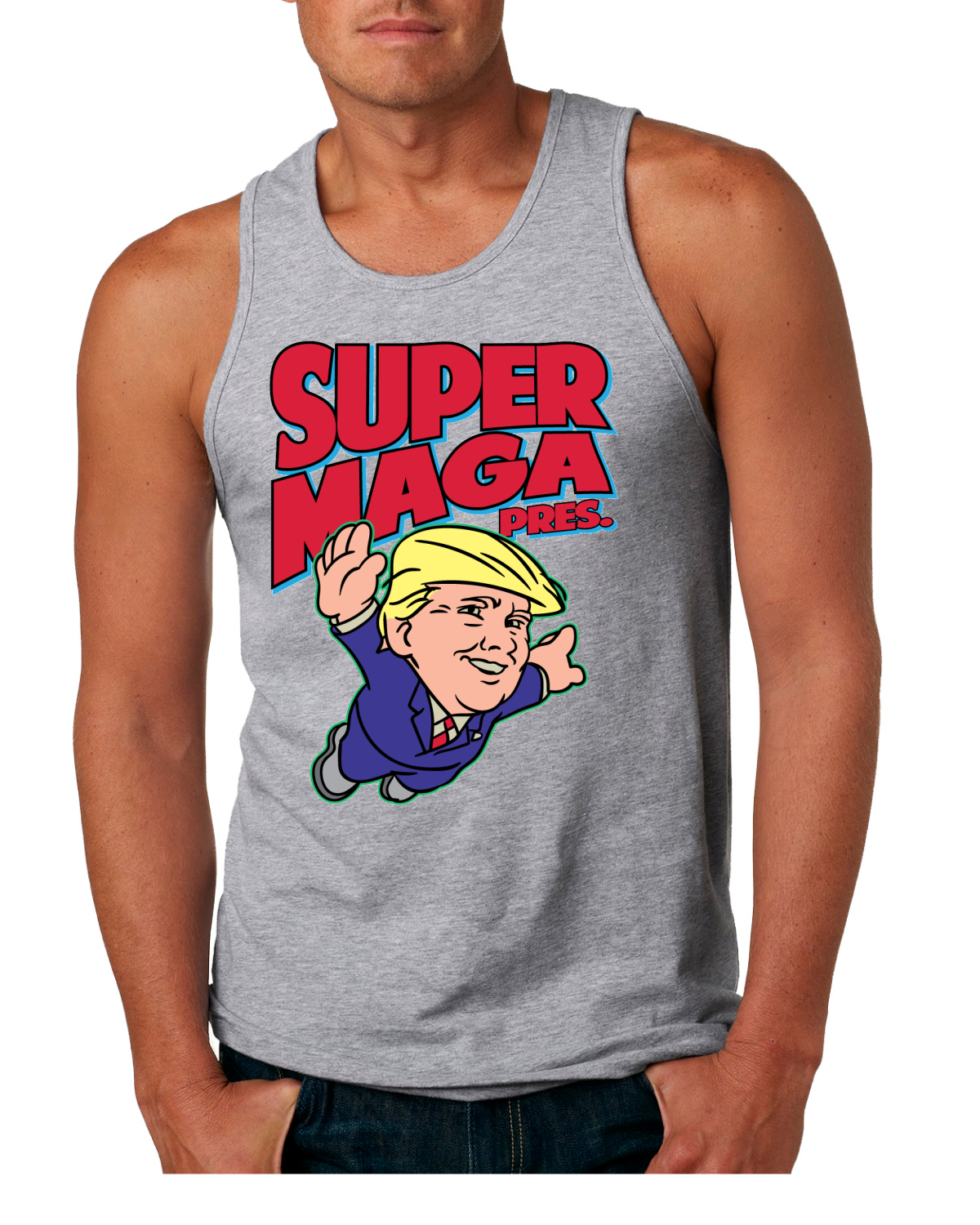 Camiseta sin mangas Super MAGA Pres divertida Donald Trump años 80 videojuego parodia para hombre - Imagen 4 de 7