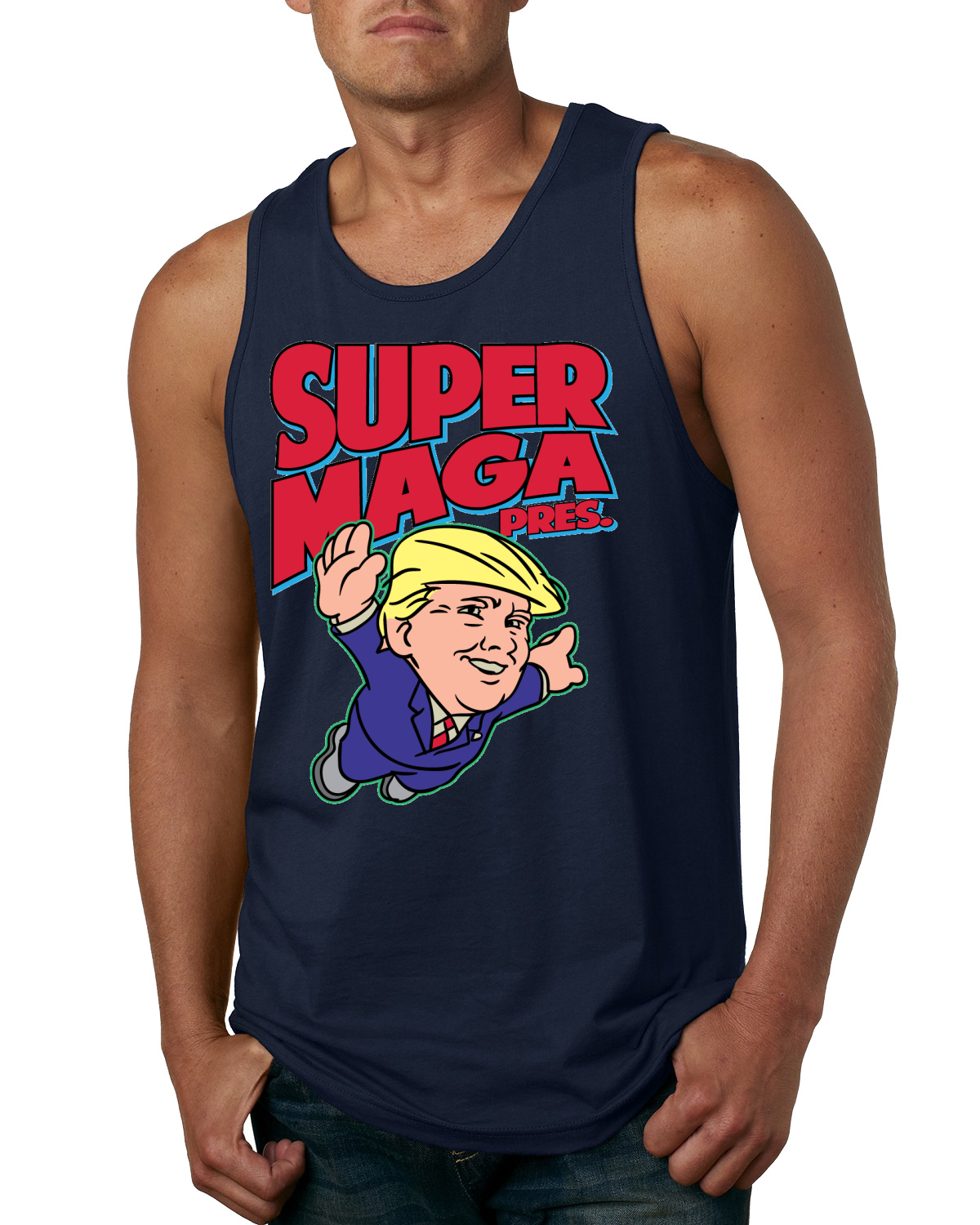 Camiseta sin mangas Super MAGA Pres divertida Donald Trump años 80 videojuego parodia para hombre - Imagen 5 de 7