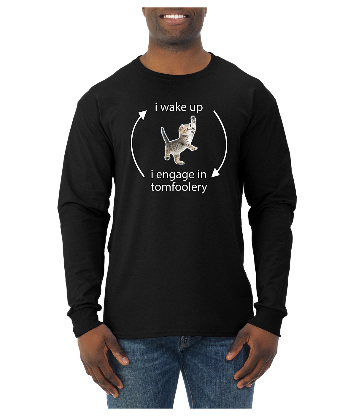 I Wake Up Engage In Tomfoolery Funny Shirt Cat Bow Meme Mens Long Sleeve Shirt