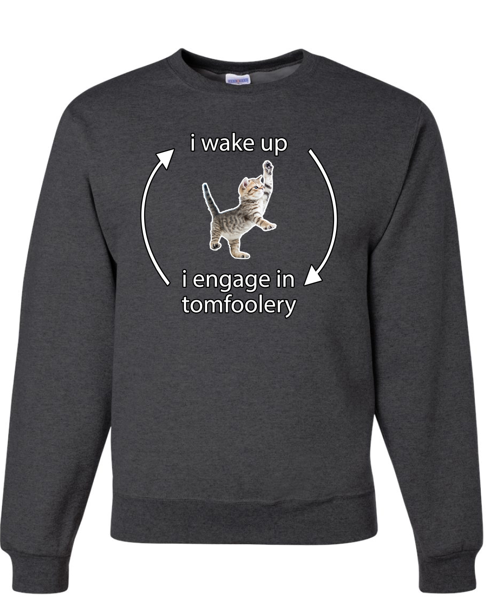 I Wake Up Engage In Tomfoolery Funny Shirt Cat Meme Unisex Crewneck Sweatshirt - Picture 7 of 23