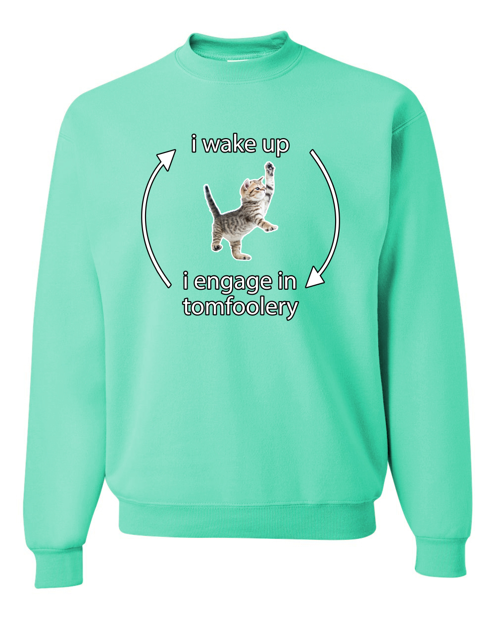 I Wake Up Engage In Tomfoolery Funny Shirt Cat Meme Unisex Crewneck Sweatshirt - Picture 22 of 23