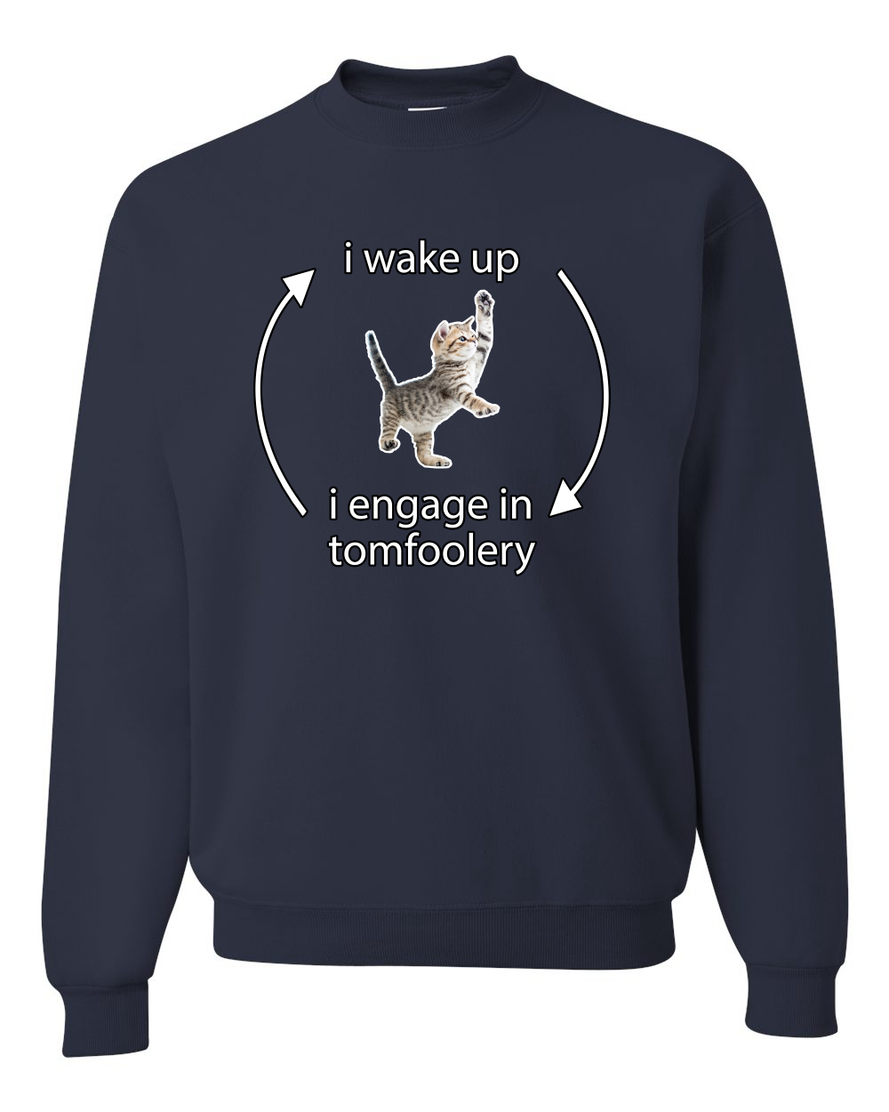 I Wake Up Engage In Tomfoolery Funny Shirt Cat Meme Unisex Crewneck Sweatshirt - Picture 12 of 23