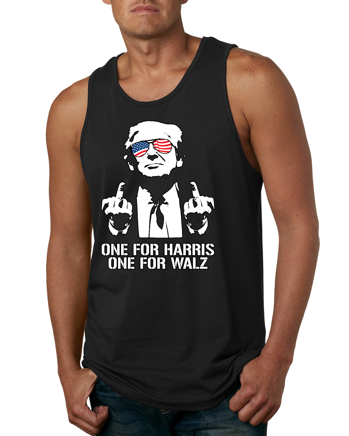 Divertidas gafas Trump EE. UU. dedo medio una para Harris Walz camiseta sin mangas para hombre - Imagen 3 de 7