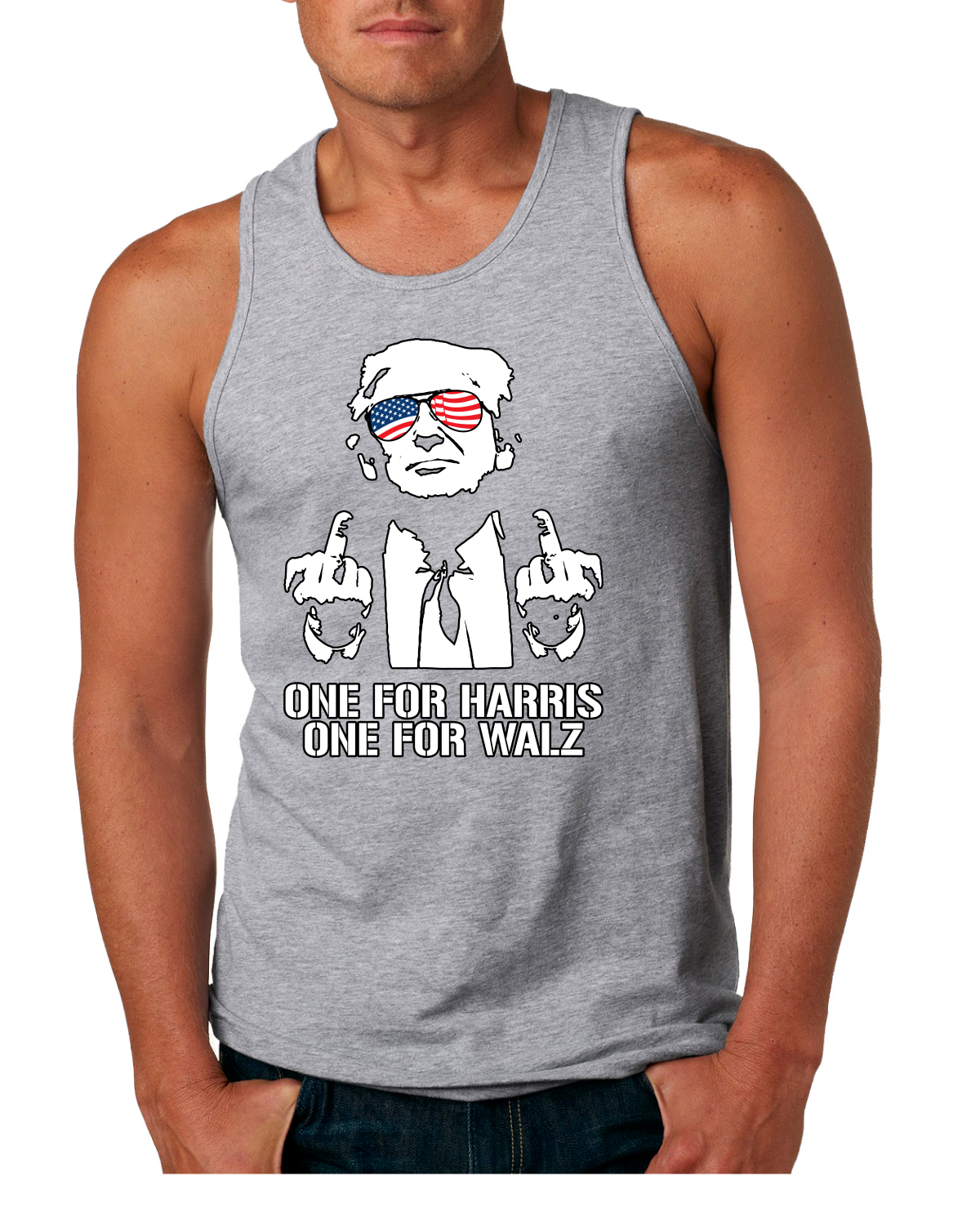 Divertidas gafas Trump EE. UU. dedo medio una para Harris Walz camiseta sin mangas para hombre - Imagen 4 de 7