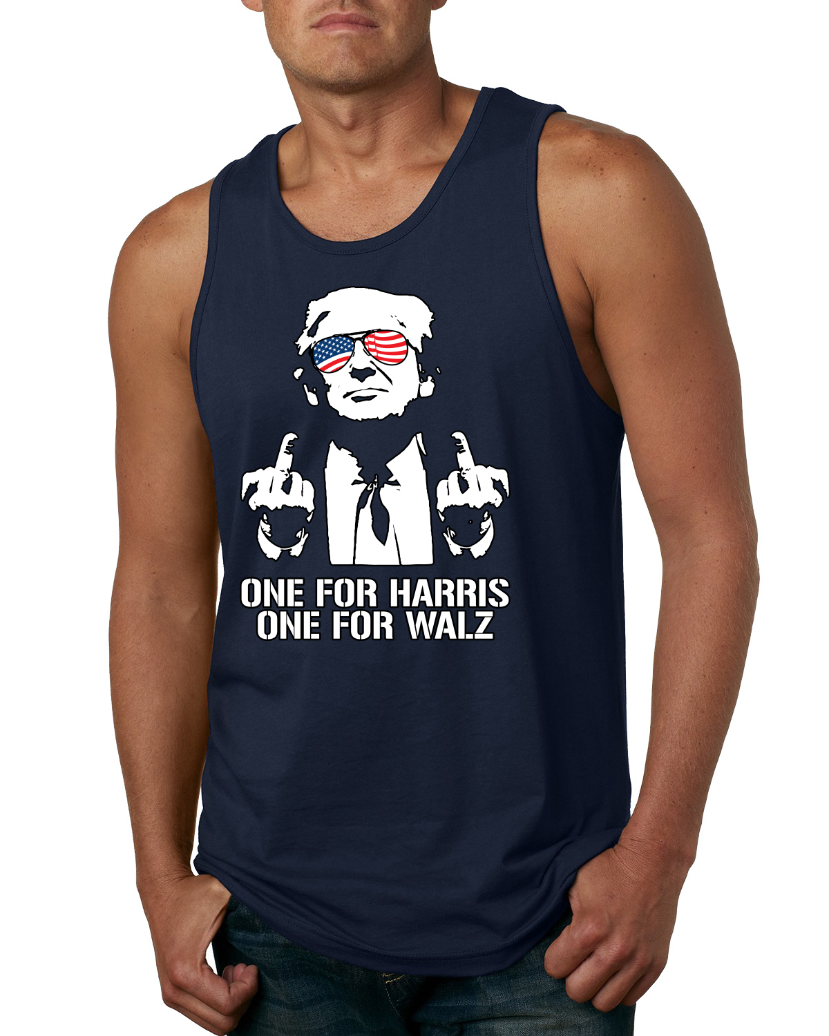 Divertidas gafas Trump EE. UU. dedo medio una para Harris Walz camiseta sin mangas para hombre - Imagen 5 de 7