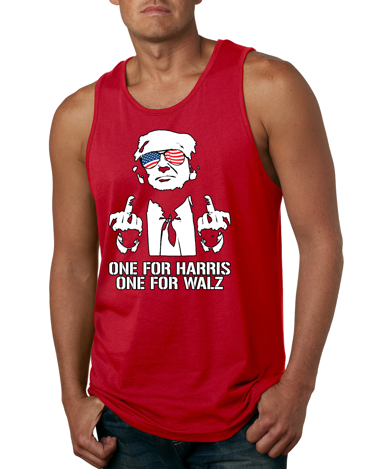 Divertidas gafas Trump EE. UU. dedo medio una para Harris Walz camiseta sin mangas para hombre - Imagen 6 de 7