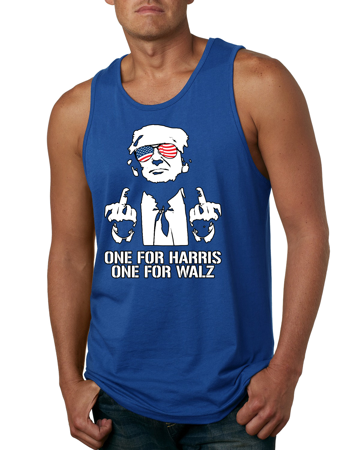Divertidas gafas Trump EE. UU. dedo medio una para Harris Walz camiseta sin mangas para hombre - Imagen 7 de 7