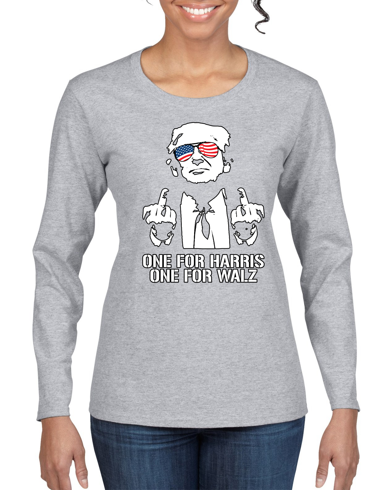 Funny Trump USA Glasses Middle Finger One for Harris Walz Womens Long Sleeve