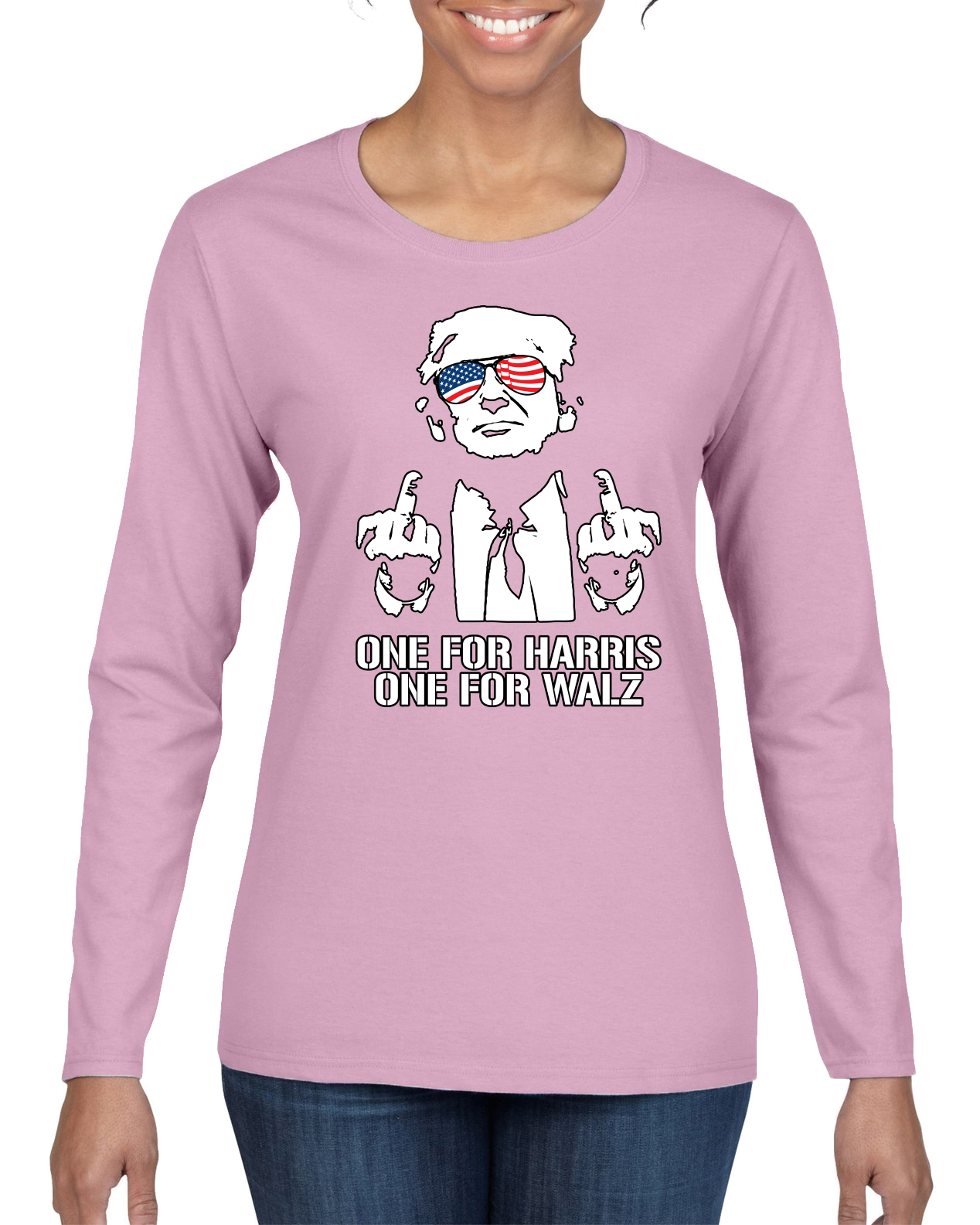 Funny Trump USA Glasses Middle Finger One for Harris Walz Womens Long Sleeve