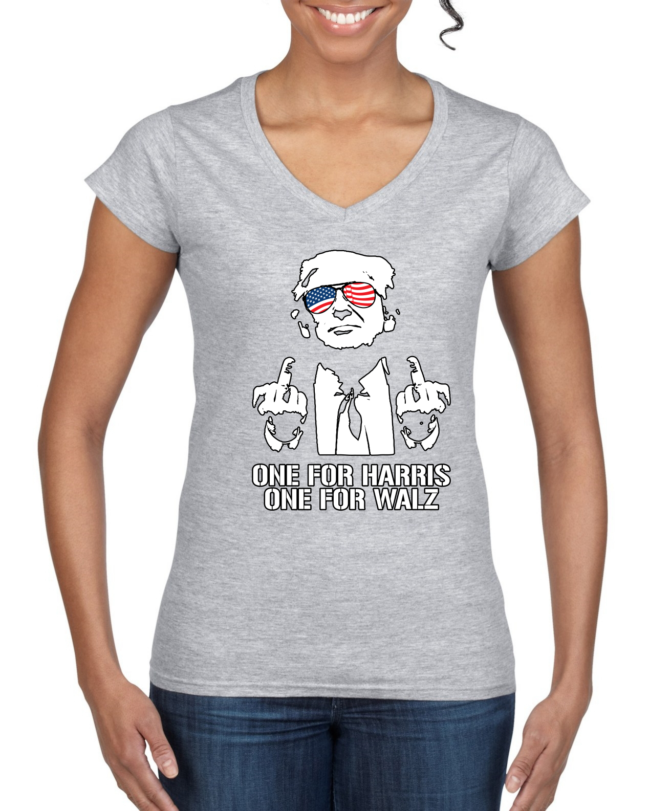 Funny Trump USA Glasses Middle Finger One for Harris Walz Women Standard V-Neck