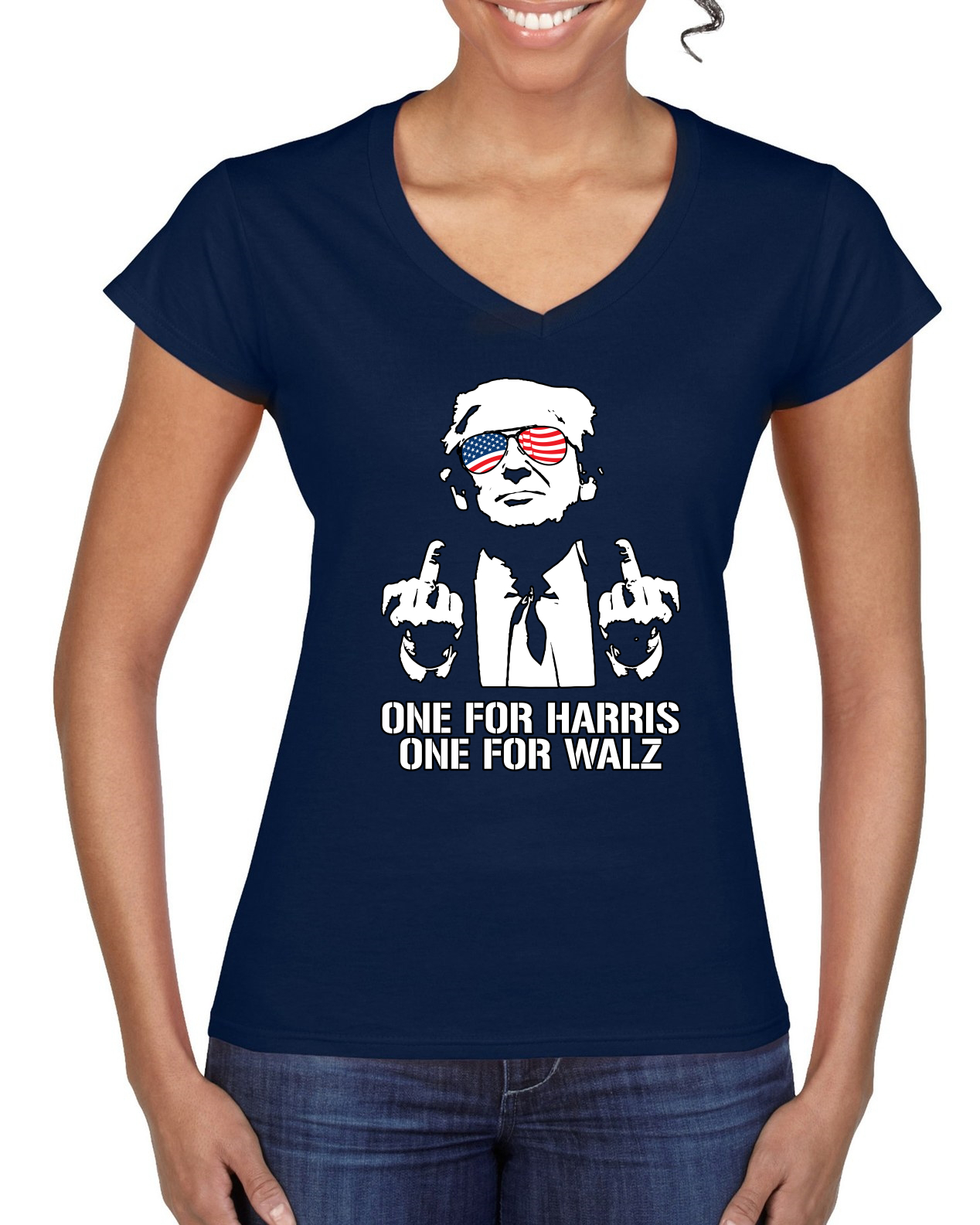 Funny Trump USA Glasses Middle Finger One for Harris Walz Women Standard V-Neck