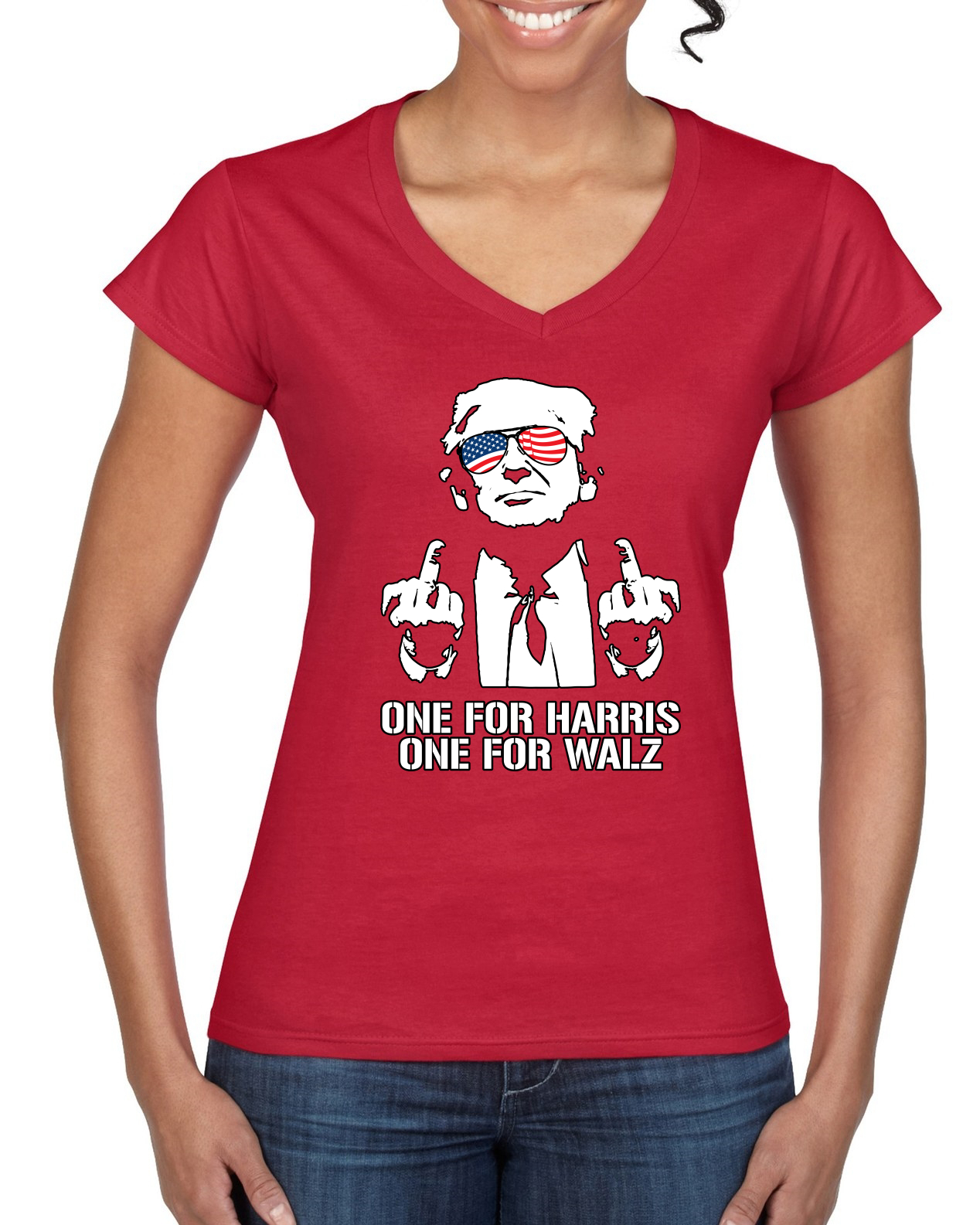 Funny Trump USA Glasses Middle Finger One for Harris Walz Women Standard V-Neck