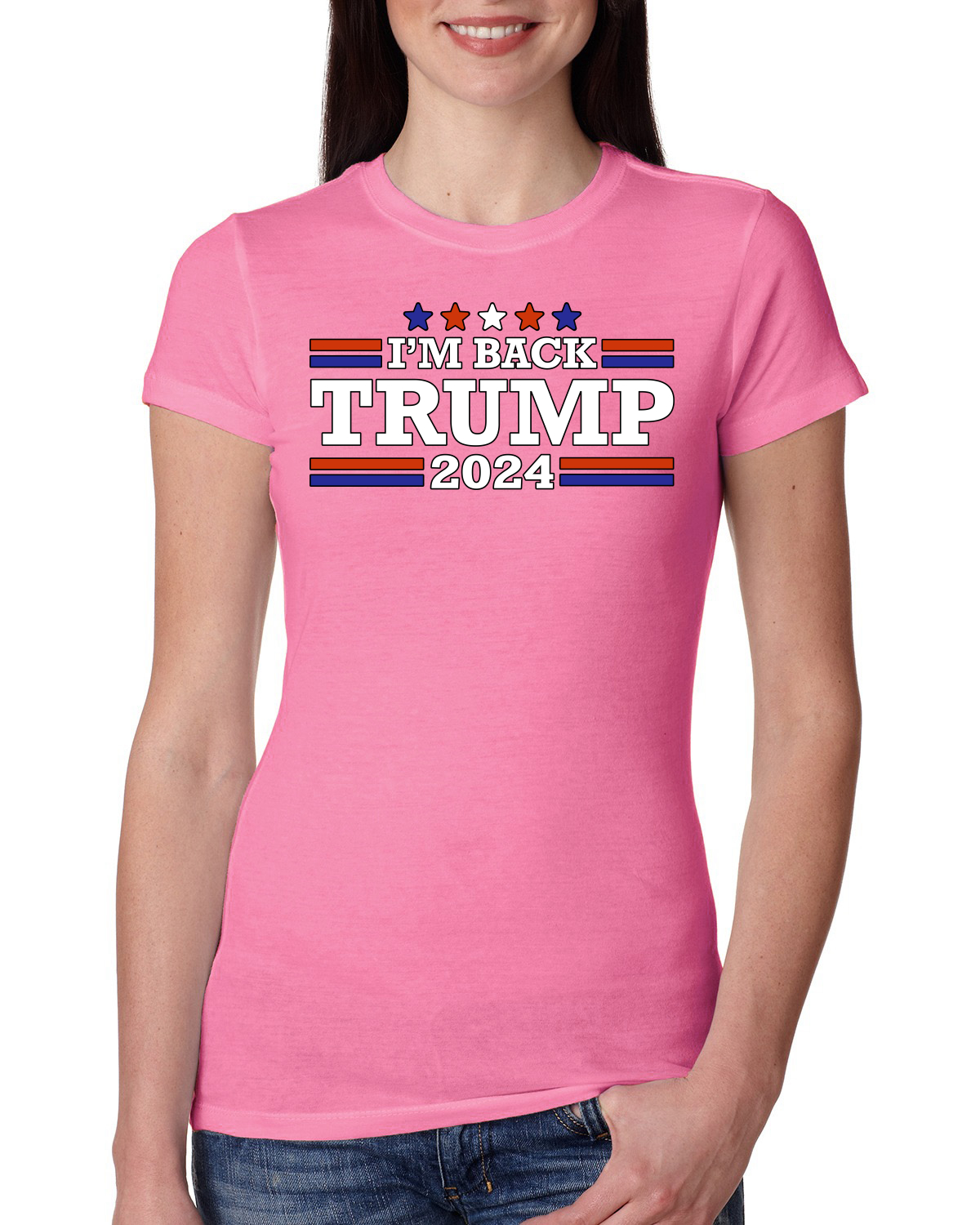 President Trump I'm Back 2024 Classic Red Stripe Logo Womens Slim Fit Junior Tee - Picture 8 of 8
