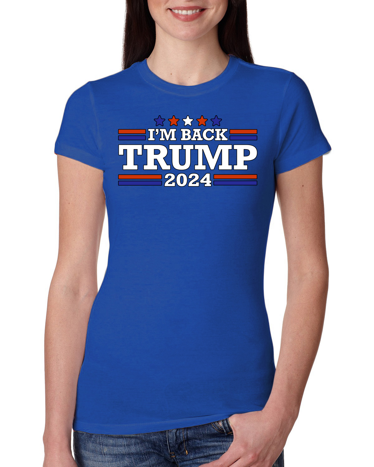 President Trump I'm Back 2024 Classic Red Stripe Logo Womens Slim Fit Junior Tee - Picture 7 of 8