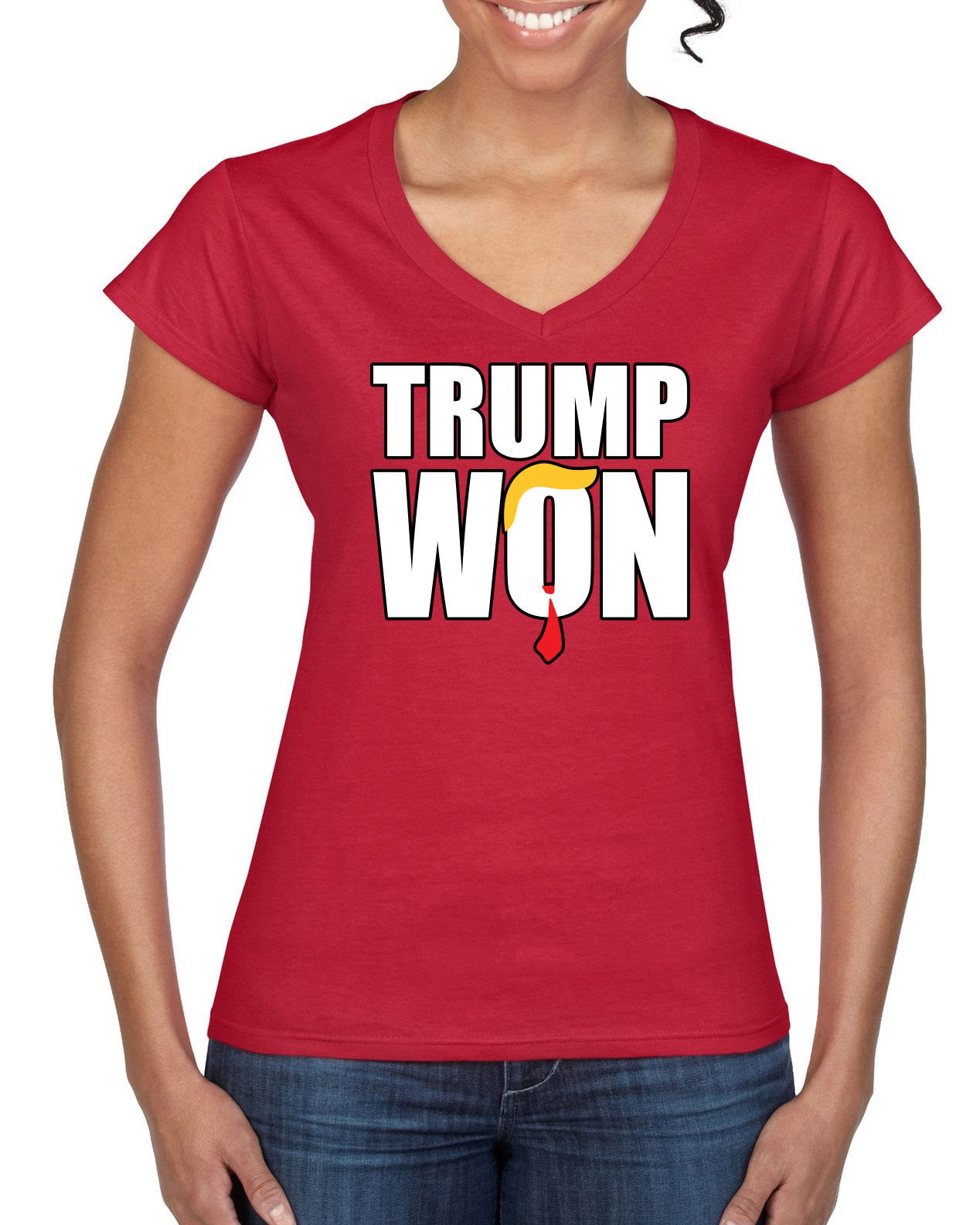 Trump Won 2024 Classic Red Tie Hair Women’s Standard V-Neck Tee - Picture 6 of 7