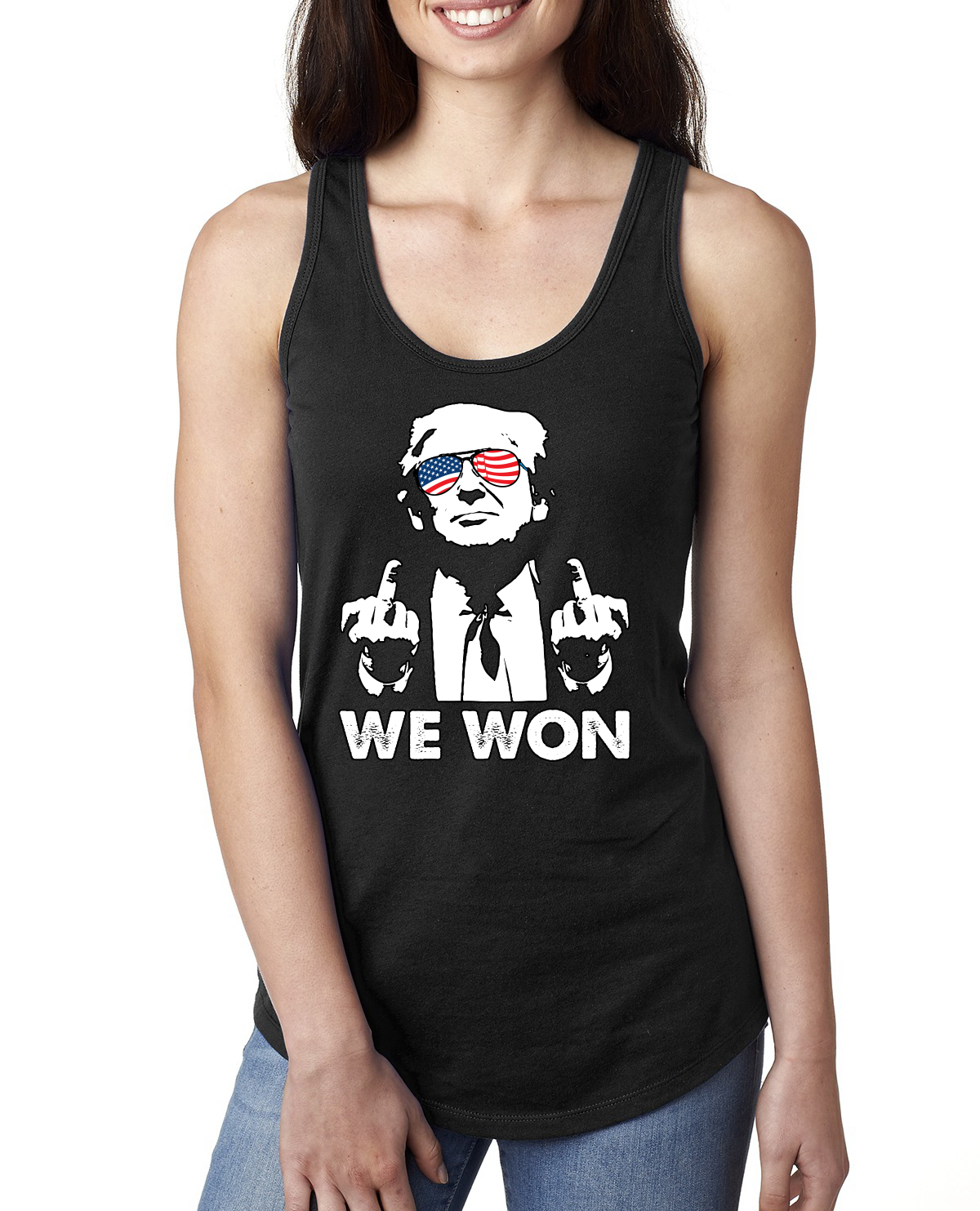 Donald Trump Classic USA Glasses Middle Finger We Won Ladies Racerback Tank Top