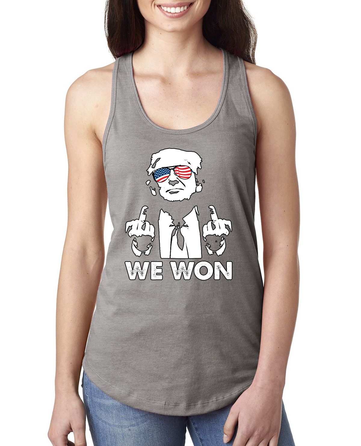 Donald Trump Classic USA Glasses Middle Finger We Won Ladies Racerback Tank Top