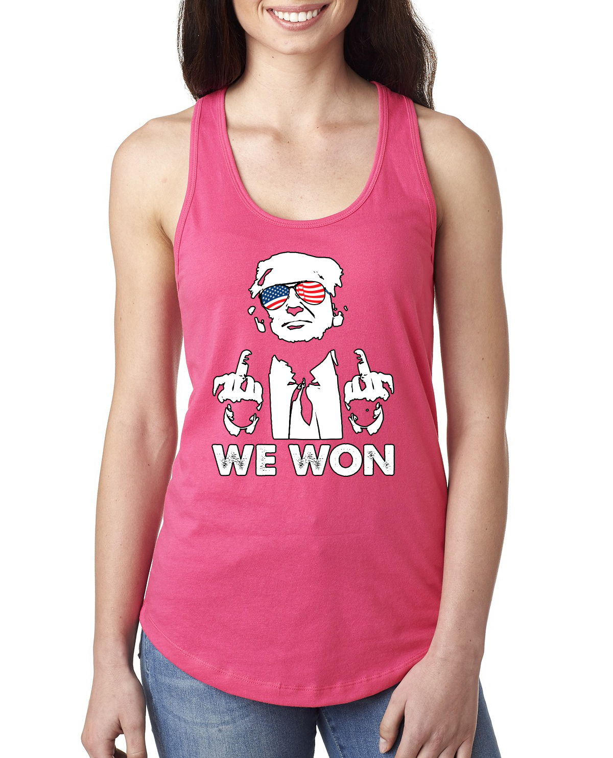 Donald Trump Classic USA Glasses Middle Finger We Won Ladies Racerback Tank Top