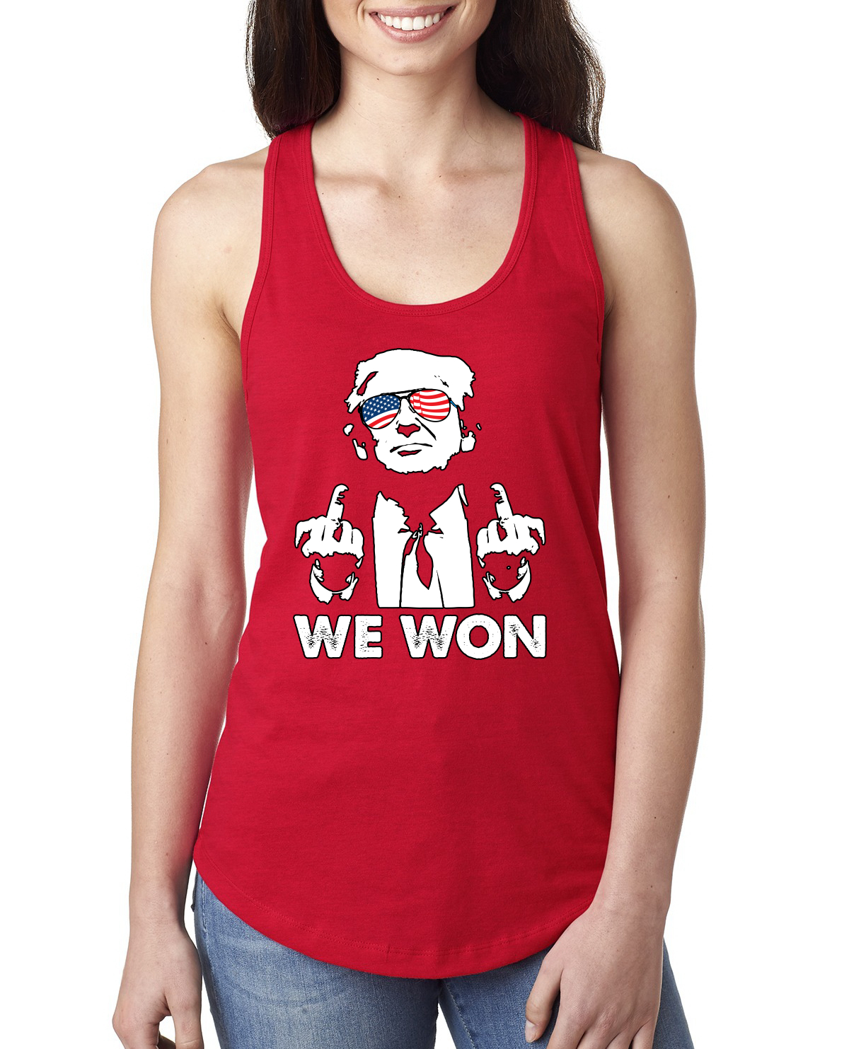 Donald Trump Classic USA Glasses Middle Finger We Won Ladies Racerback Tank Top