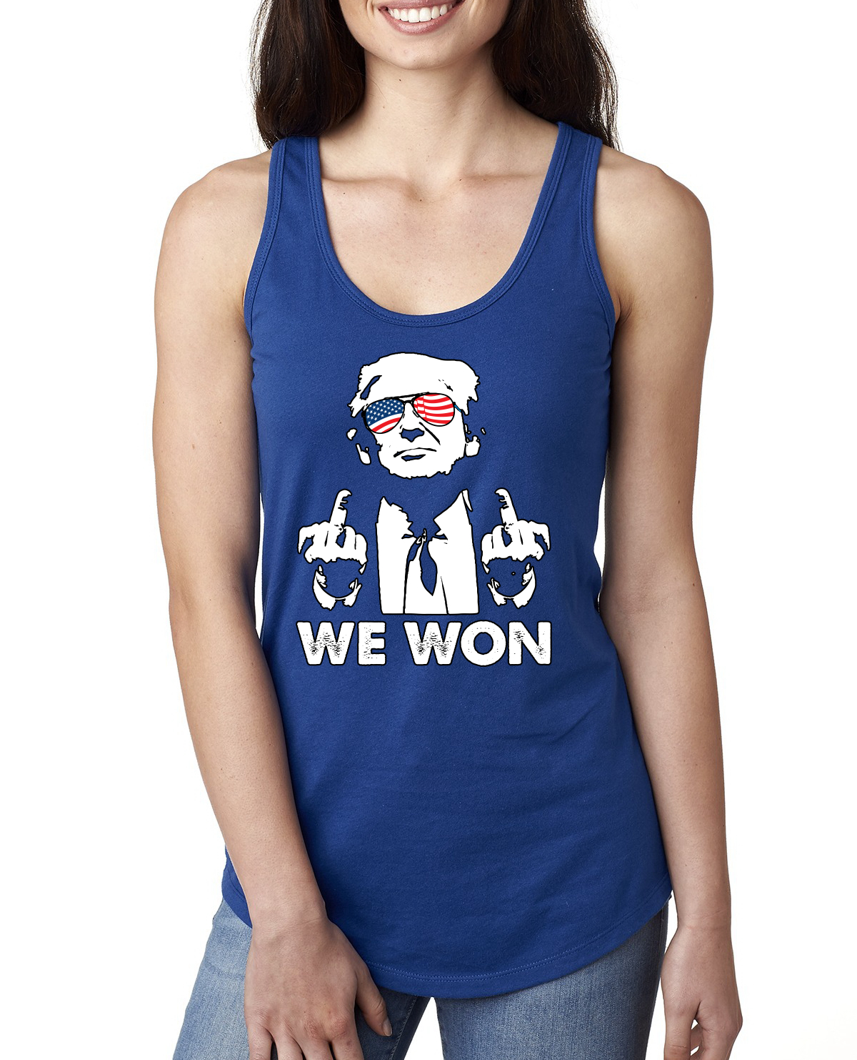 Donald Trump Classic USA Glasses Middle Finger We Won Ladies Racerback Tank Top