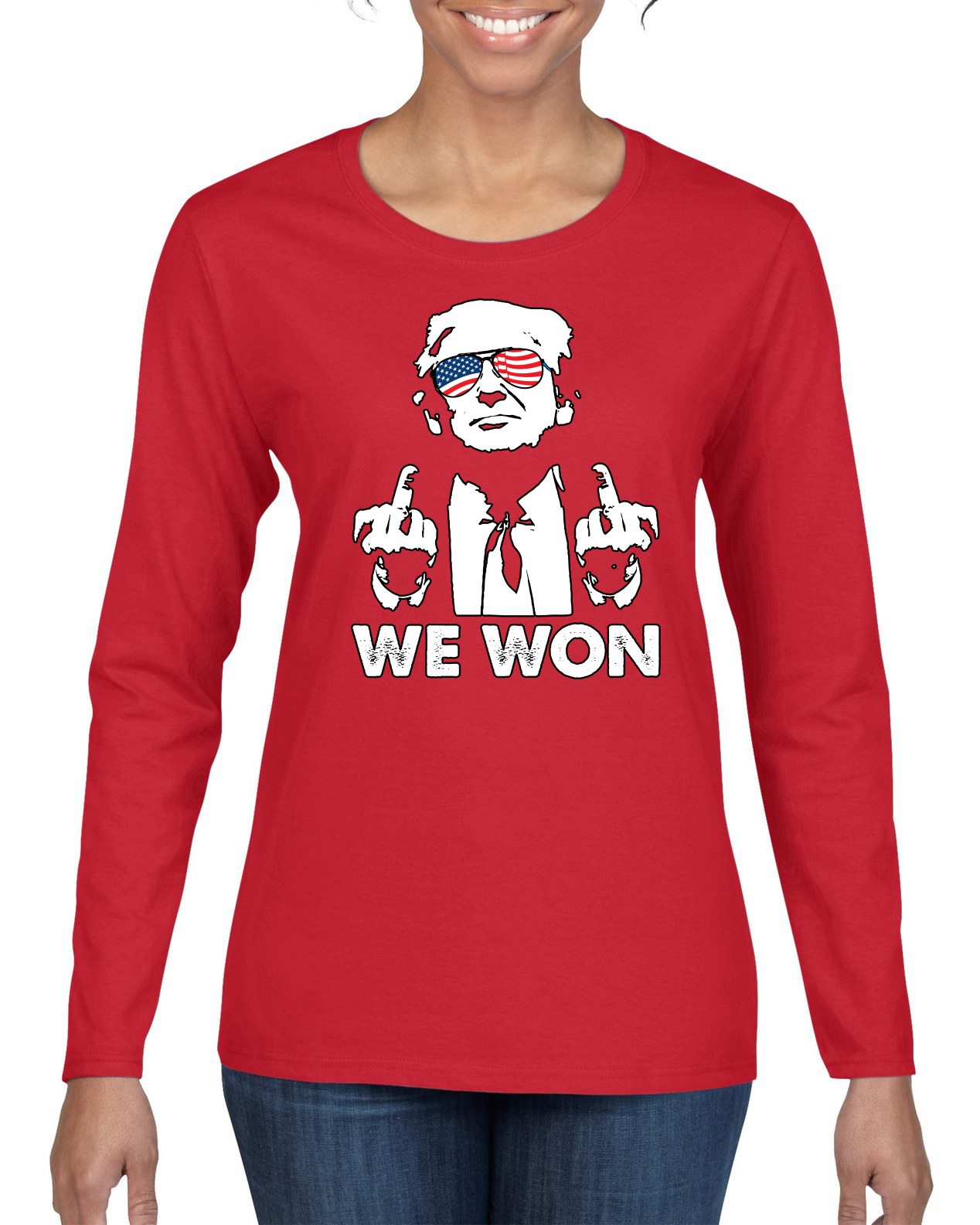 Donald Trump Classic USA Glasses Middle Finger We Won Womens Long Sleeve T-Shirt - Picture 7 of 9