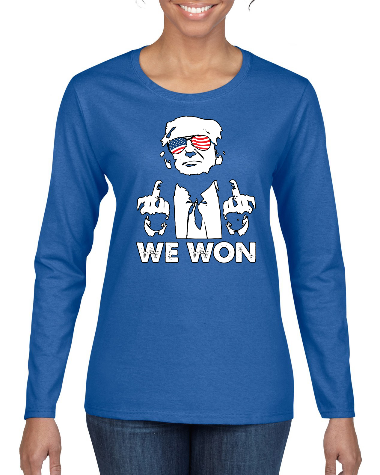 Donald Trump Classic USA Glasses Middle Finger We Won Womens Long Sleeve T-Shirt - Picture 8 of 9